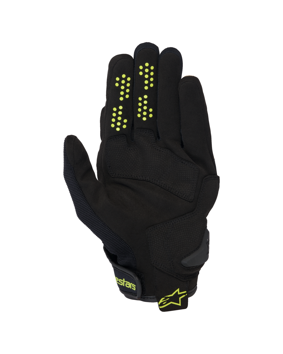 Alpinestars Chrome V2 handsker, motorcykelhandsker med kort manchet, sort med neongule detaljer, visning af håndfladen i syntetisk ruskind, silikone-gribeprikker på fingrene og velcrolukning ved håndleddet med Alpinestars-branding.