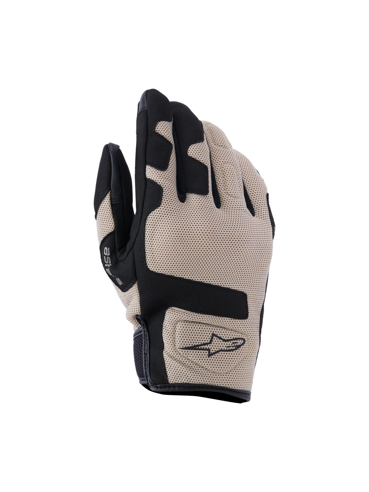 Alpinestars Ignite handsker, motorcykelhandsker, beige og sort, tekstureret mesh på håndryggen med sorte paneldetaljer, kort manchet med Alpinestars-logo, letvægts og åndbart beskyttelsesudstyr til bykørsel