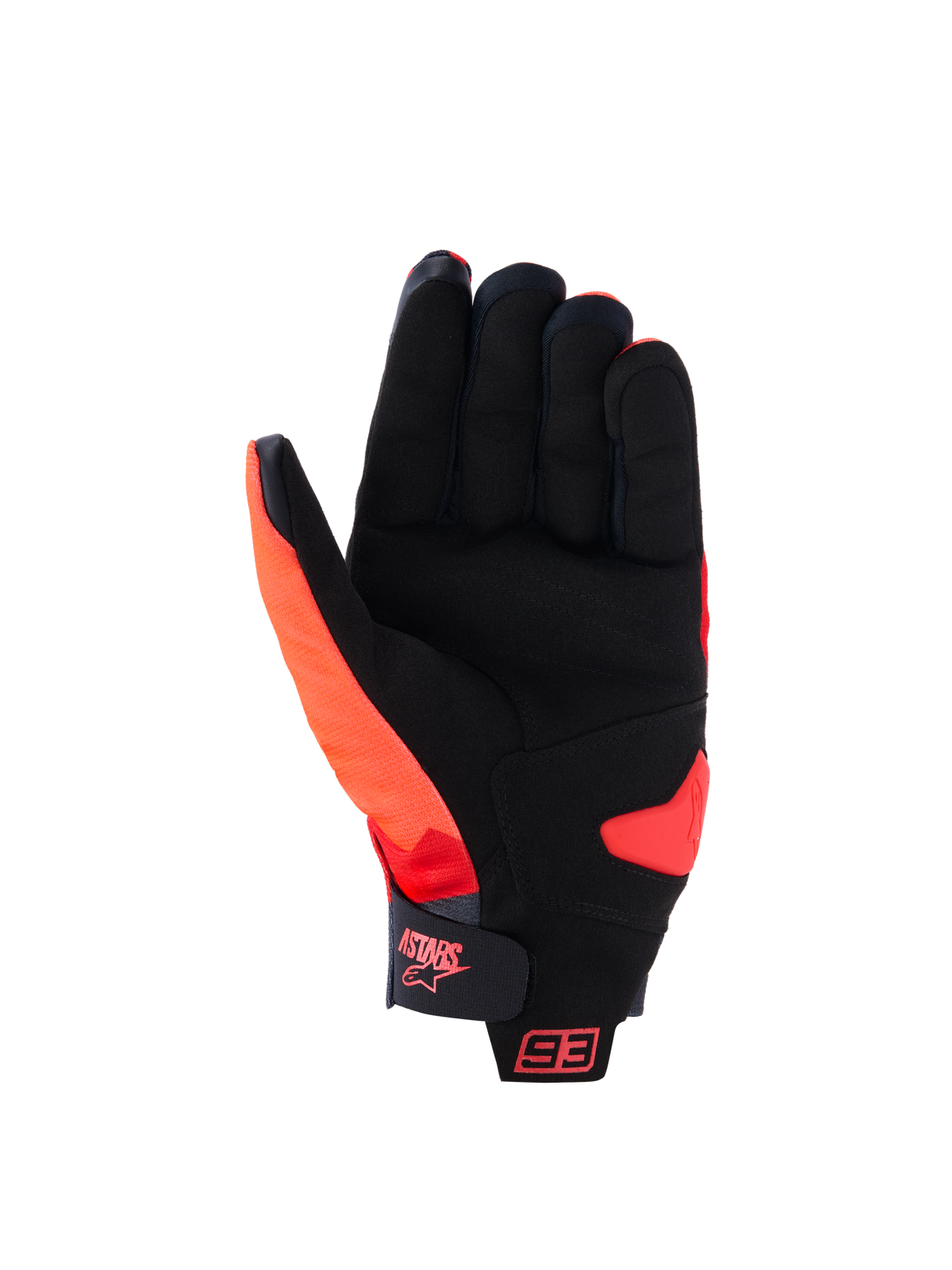 Alpinestars MM93 Reef V2 handsker, set fra håndfladen, Red Fluo Bright Red Black, med håndflade i syntetisk ruskind og polstret forstærkning, manchetstrop med burrebånd og Astars-logo, 93-branding, urban motorcykelhandsker