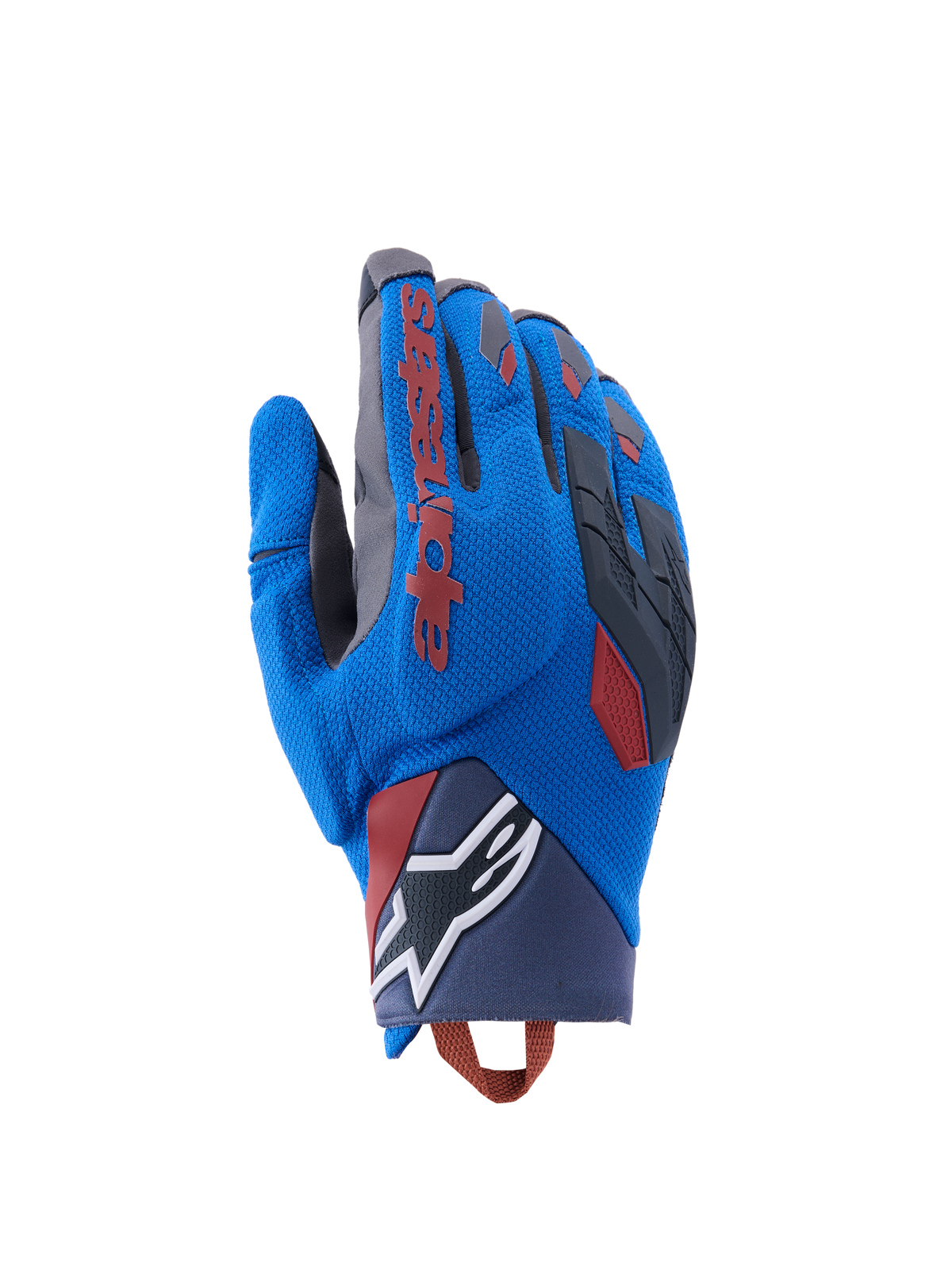 Alpinestars Durack-handsker, adventure-motorcykelhandsker, kongeblå og mørkegrå, tekstil på håndryggen med TPR-knobeskyttelse, rødt Alpinestars-logo på pegefingeren, hvidt stjernelogo på håndleddet, let sommerbeskyttelse til dual sport