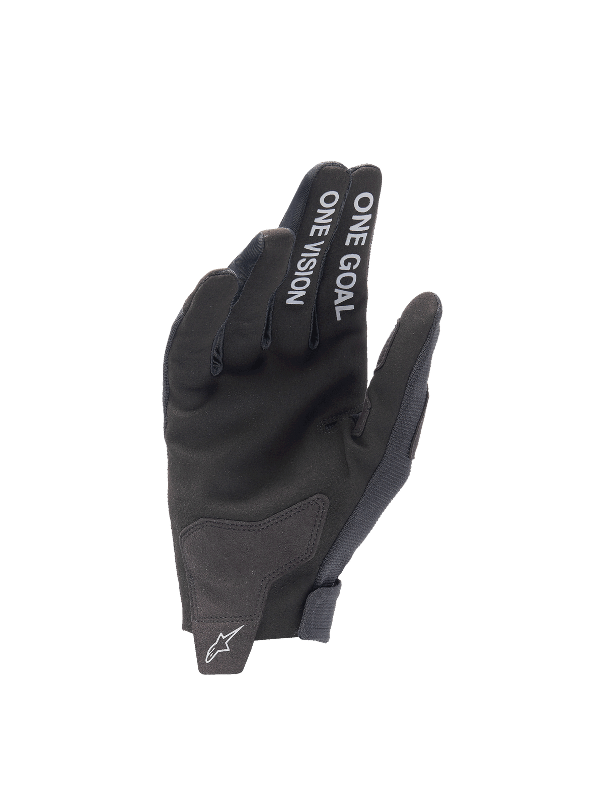 Alpinestars 2025 Radar handsker, sorte motocrosshandsker med syntetisk ruskindshåndflade og One Goal One Vision tekst.