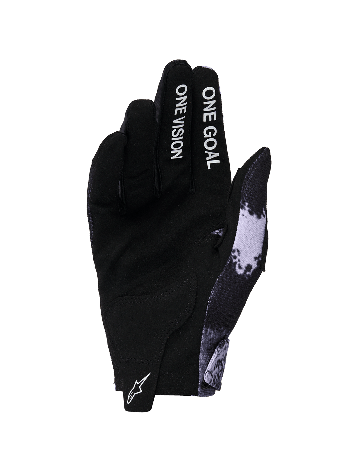 Alpinestars 2026 Radar-handsker, motocross-handsker, Iron Camo og sort, visning af håndflade med konstruktion i syntetisk ruskind, 'ONE GOAL ONE VISION'-tekst på fingrene, hvidt Astars-logo på trækfligen, strømlinet off-road performance-design