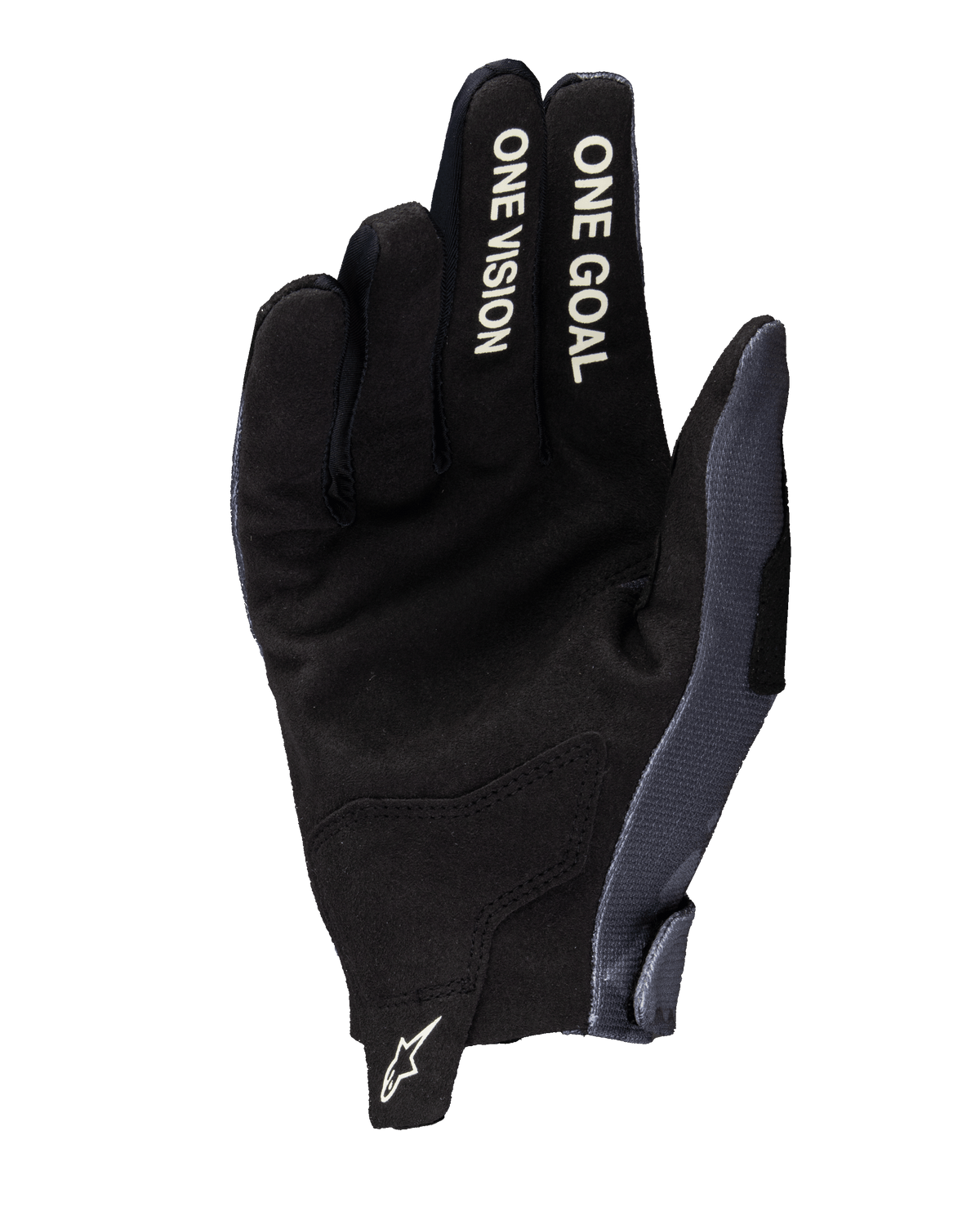 Alpinestars 2025 Radar handsker, motocrosshandsker, grå og mørk camouflage, set fra håndfladen, konstruktion i syntetisk ruskind, hvid 'ONE VISION' og 'ONE GOAL' tekst på fingrene, hvidt Astars-logo på trækfligen ved håndleddet