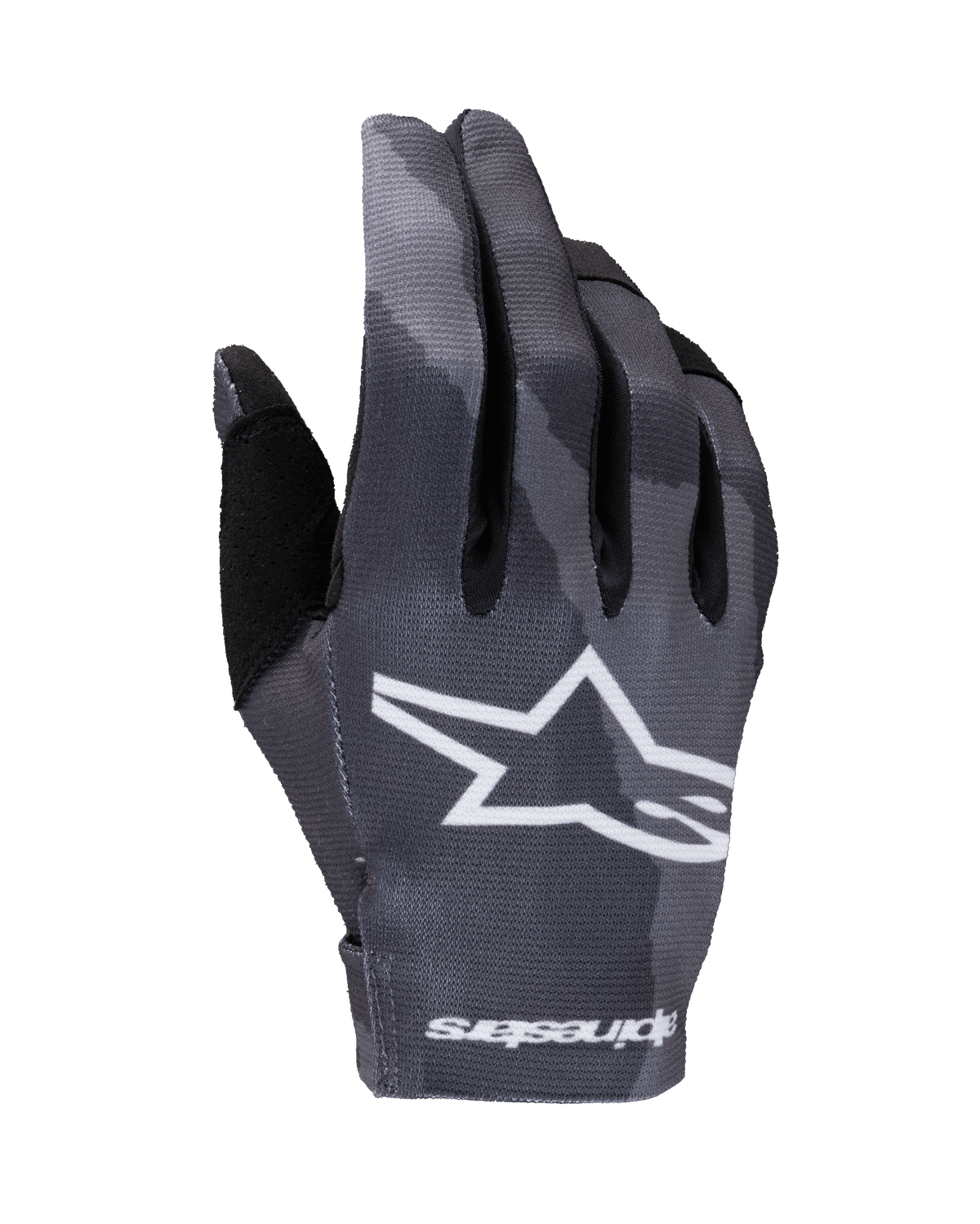 Alpinestars 2025 Radar handsker, motocross-handsker, mørkt camouflage-mønster i grå nuancer, hvidt stjerne-logo på baghånden og Alpinestars-tekst ved manchetten, letvægts stretch-konstruktion til off-road kørsel