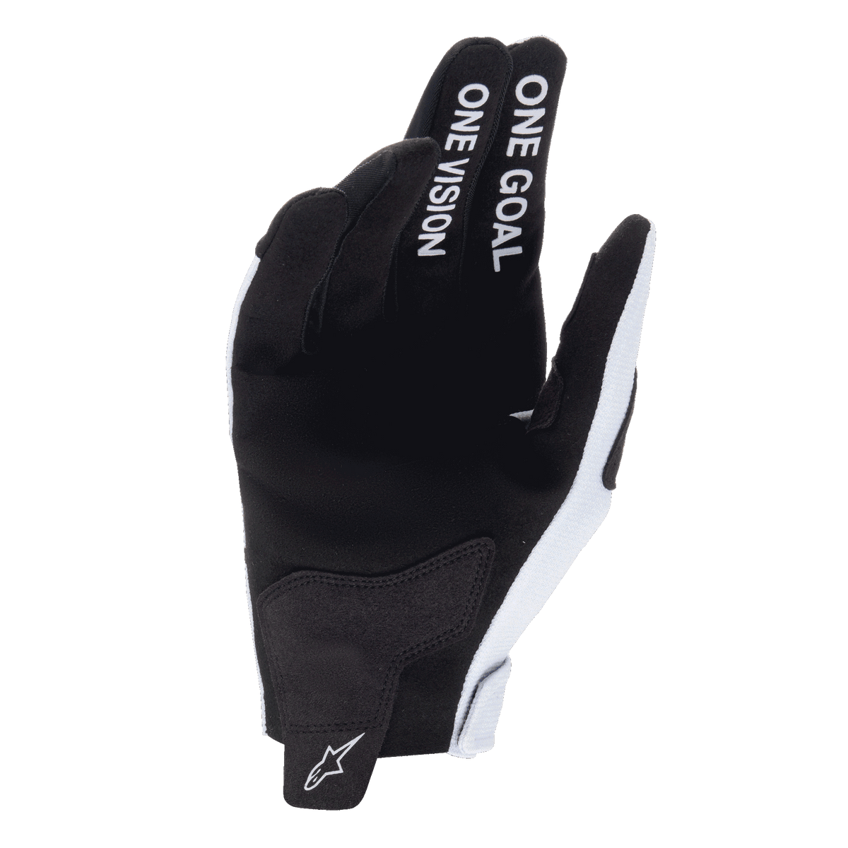 Alpinestars 2025 Radar handsker, motocrosshandsker, Haze Gray og sort, håndfladevisning der viser syntetisk ruskindsmateriale, 'ONE GOAL ONE VISION' tekst på pege- og langefinger, hvidt logo på håndledsstrop, slidstærkt off-road racingdesign