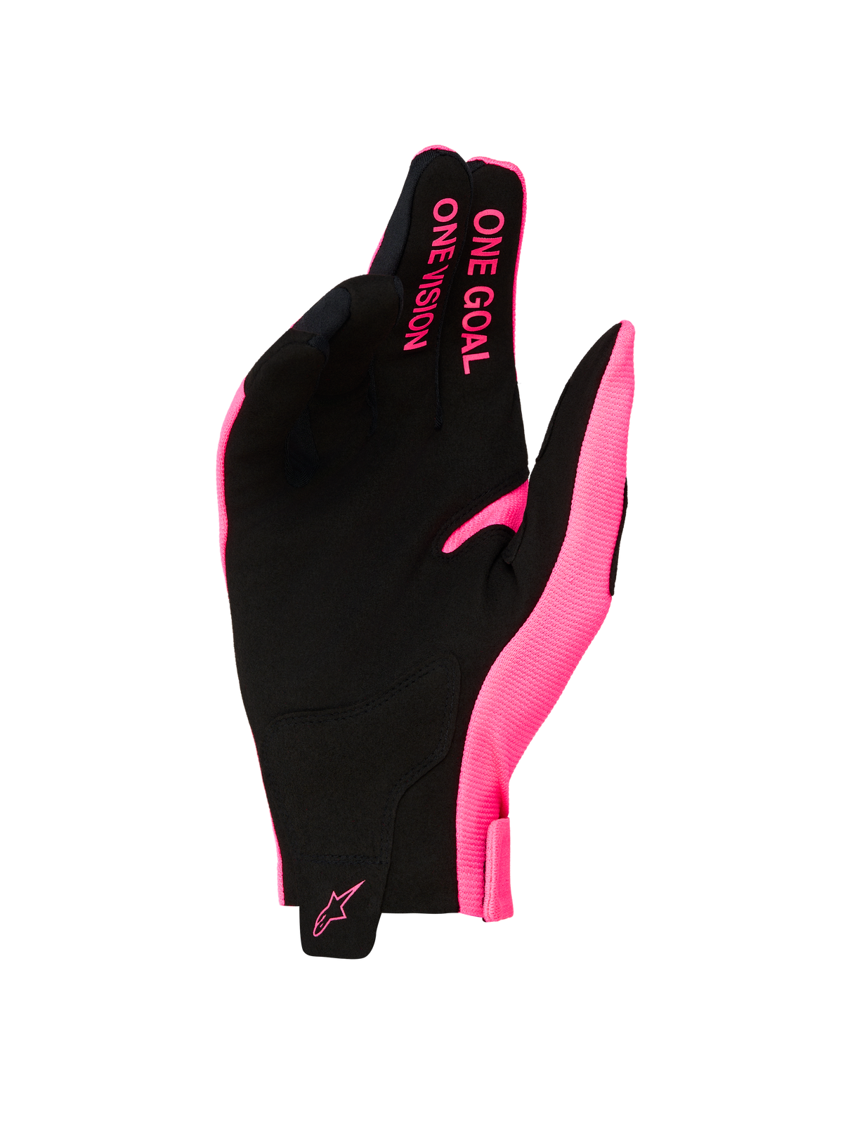 Alpinestars 2027 Radar handsker, herre-motocrosshandsker i pink og sort, syntetisk ruskind med ONE GOAL ONE VISION slogan.