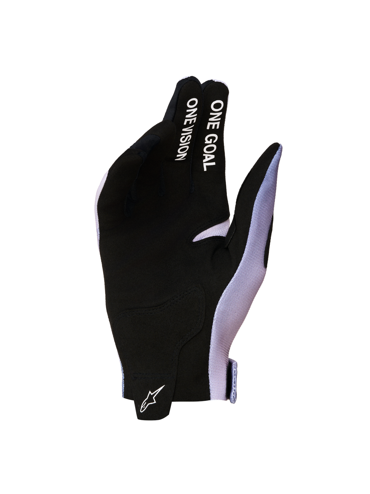 Alpinestars 2027 Radar motocrosshandsker i sort og lilla, syntetisk ruskind med One Goal One Vision-tekst på fingrene.