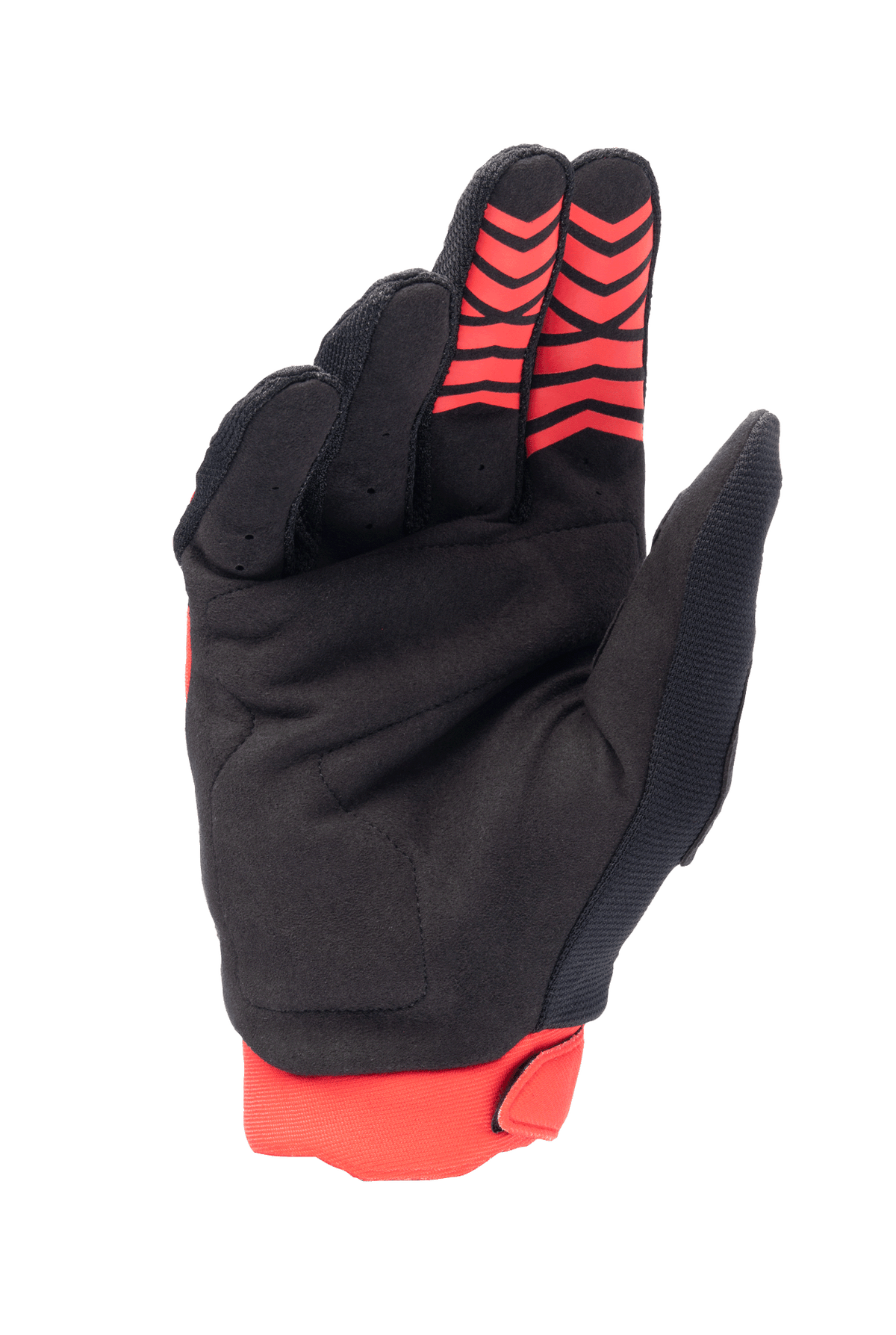 Alpinestars Honda Full Bore handsker, motocrosshandsker, lys rød og sort, håndfladevisning med syntetisk ruskindsmateriale og røde silikone-grebsmønstre på fingerspidserne, rød strækmuffe, holdbart design til off-road racing
