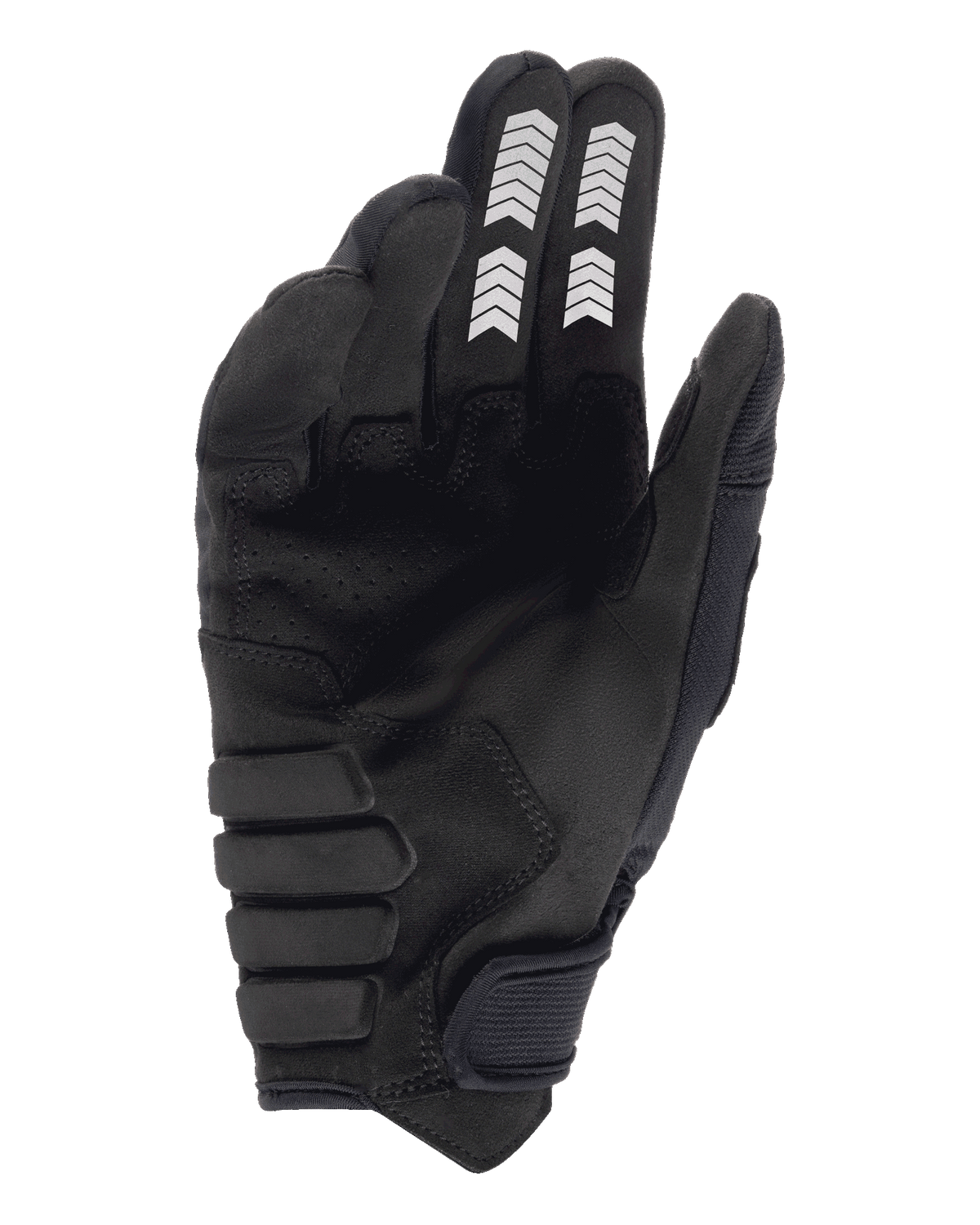 Alpinestars Techdura handsker, endurohandsker, sort, håndfladevisning med konstruktion i syntetisk ruskind, hvid chevron-grafik på pege- og langefinger, forstærket polstret håndflade og burretape-lukning ved håndleddet