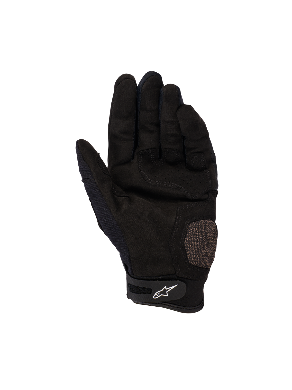 Alpinestars Megawatt V2 handsker, motocross- og endurohandsker, sort, håndfladevisning der viser forstærkede sektioner på håndflade og tommelfinger, perforeret tekstur til ventilation, velcro-håndledsrem med hvidt Alpinestars-logo