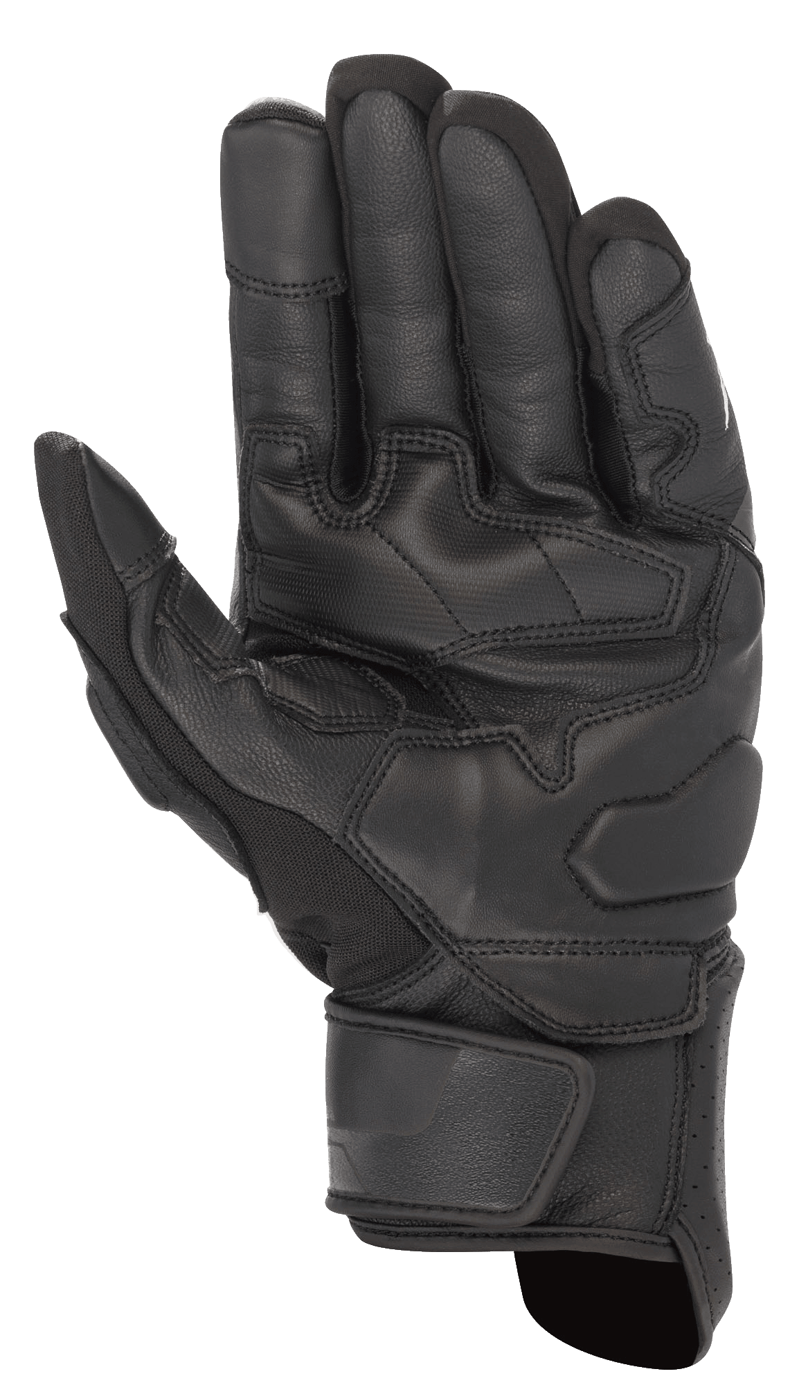 Alpinestars Booster V2 handsker, sort, håndfladevisning af motorcykelhandsken, slidstærk læderkonstruktion, forstærkede grebspaneler på håndfladen og tommelfingeren, justerbar håndledsrem