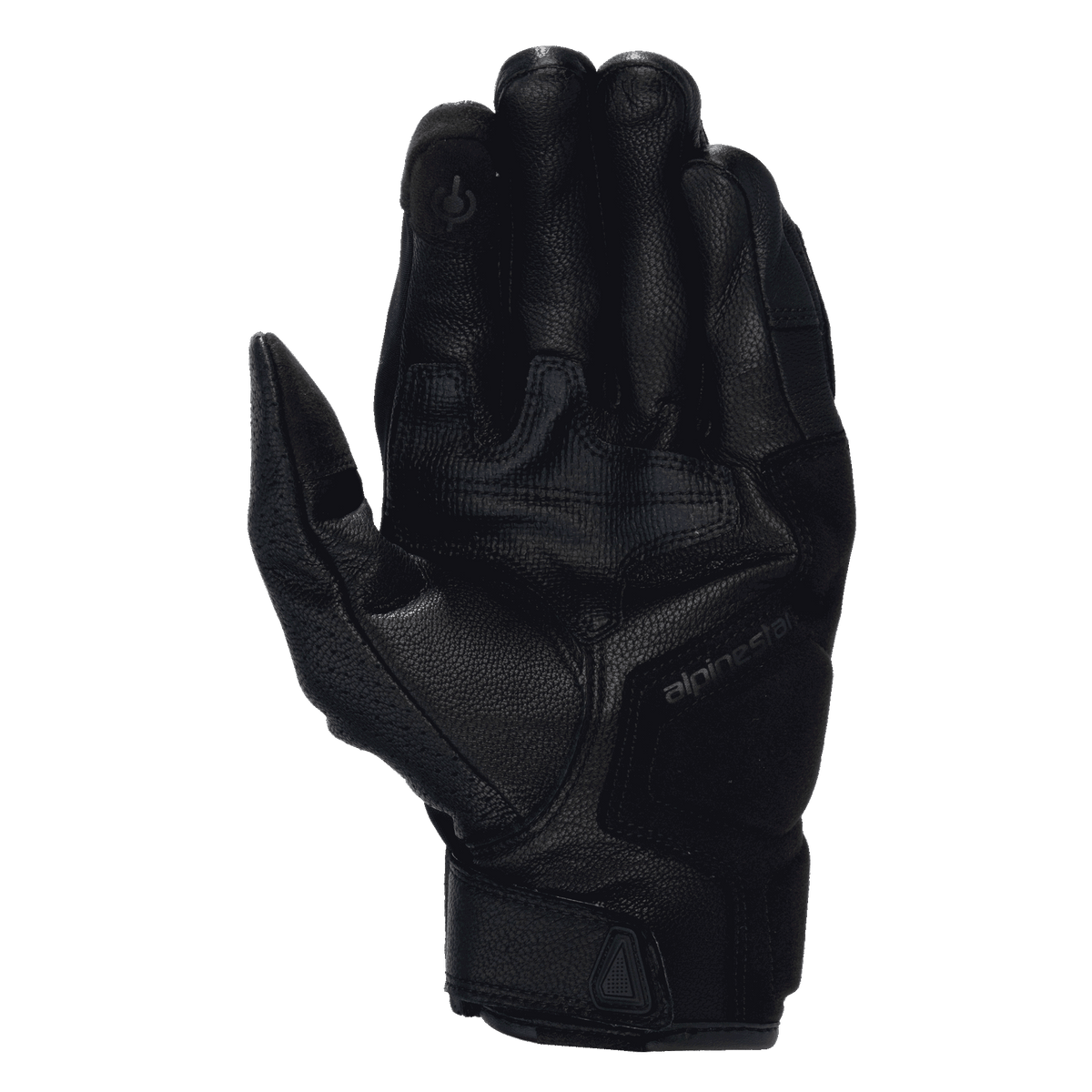 Alpinestars Celer V3 herrehandsker, sorte motorcykelhandsker i gedeskind, håndfladevisning med touchscreen-pegefinger.