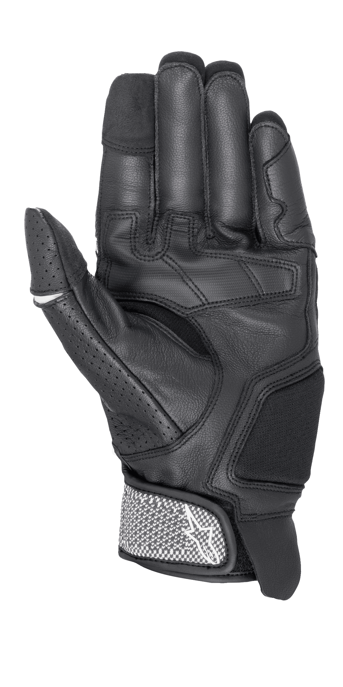 Alpinestars Morph Sport handsker, motorcykelhandsker, sort og hvid, set fra håndfladen viser forstærkede paneler, perforeret tommelfinger og tekstureret håndledsrem med Alpinestars logo