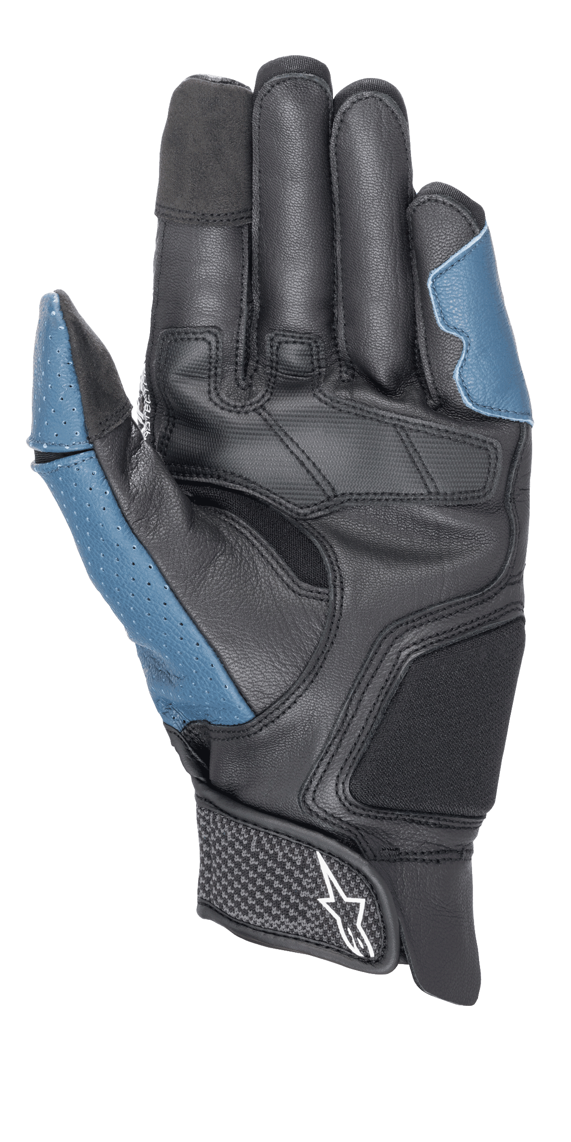 Alpinestars Morph Sport-handsker, set fra håndfladen, Sort og Blå Sodalite, med forstærket læderhåndflade, perforerede blå paneler på tommelfingeren og ydersiden, kort manchet med velcrolukning og Alpinestars-logo, performance-udstyr til sport og landevejskørsel