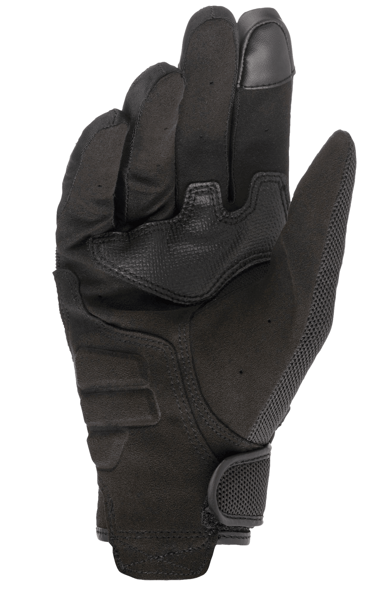 Alpinestars Copper handsker, urban motorcykelhandsker, sort, set fra håndfladesiden med syntetisk ruskindsmateriale, touchscreen-kompatibel fingerspids, forstærket polstring i håndfladen og sikker krog-og-løkke håndledslukning