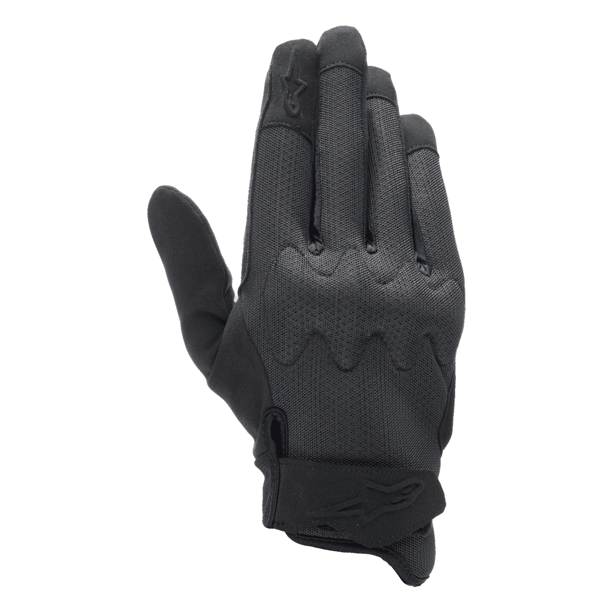 Alpinestars Stated Air handsker, motorcykelhandsker, sort, med åndbar mesh airprene-baghånd, integreret Nucleon-knobeskyttelse og lavprofil urban styling med Alpinestars-logo på håndledsremmen
