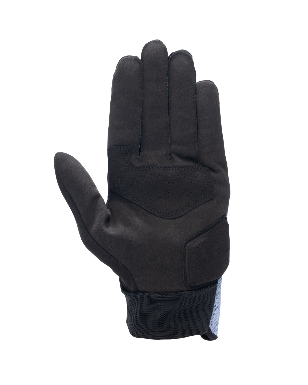 Alpinestars Stated Air handsker, håndfladevisning, Stonewash Blue Black, sort syntetisk ruskindshåndflade med forstærkninger, ribbet håndledslukning, strømlinet design til urban sommer-motorcykelkørsel