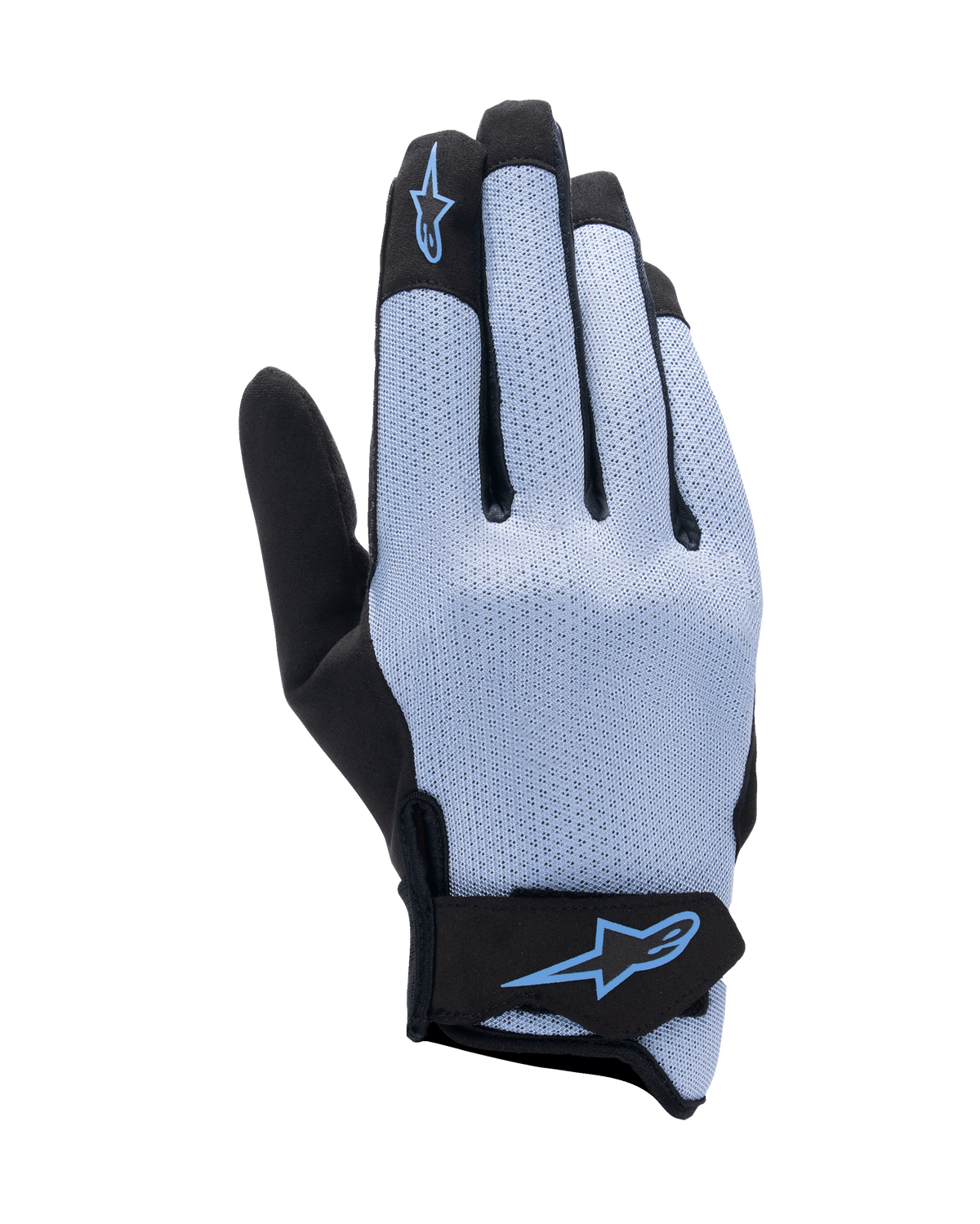 Alpinestars Stated Air handsker, motorcykelhandsker, Stonewash Blue og sort, strækbar airprene-baghånd med perforeret tekstur, blåt stjernelogo på pegefinger og håndledslukning, letvægts og åndbart design til sommerkørsel
