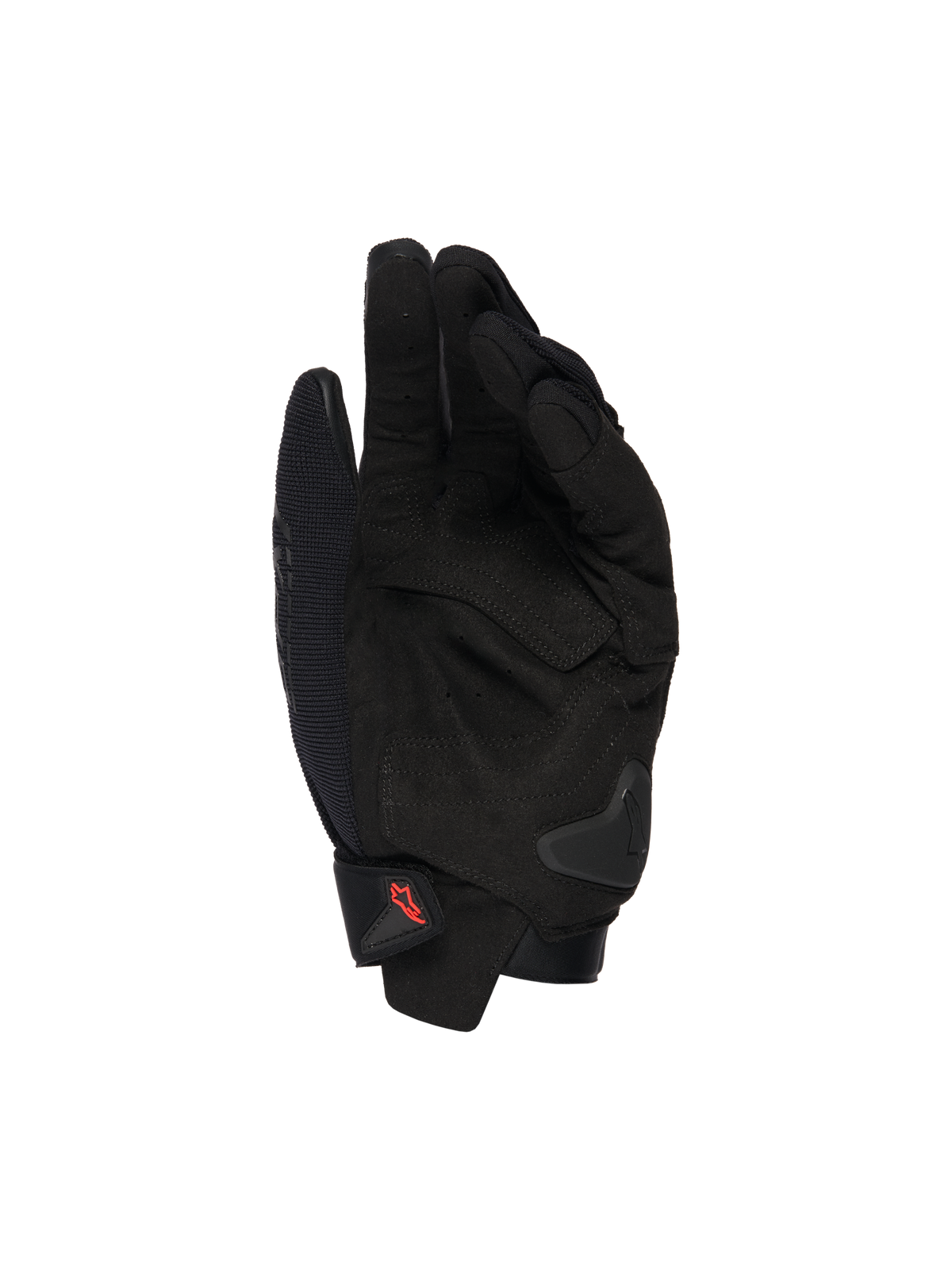 Alpinestars SP X 1 handsker, sorte motorcykelhandsker, håndfladevisning med syntetiske læderoverlejringer, forstærkede slagzoner, TPR-håndfladeslider, kort manchetlukning med rødt logo, beskyttelse til sportskørsel