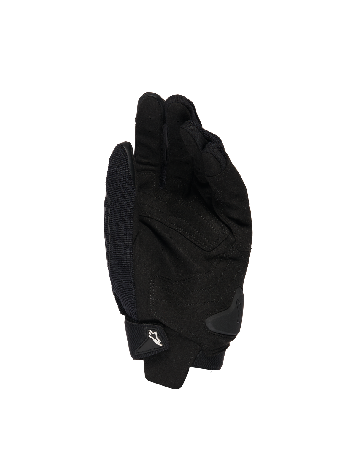 Alpinestars SP X 1 handsker, sort, håndfladevisning der viser syntetisk læderkonstruktion for greb, TPR-håndfladeslider til stødbeskyttelse og justerbar manchet med hvidt Alpinestars-logo, motorcykelsportudstyr