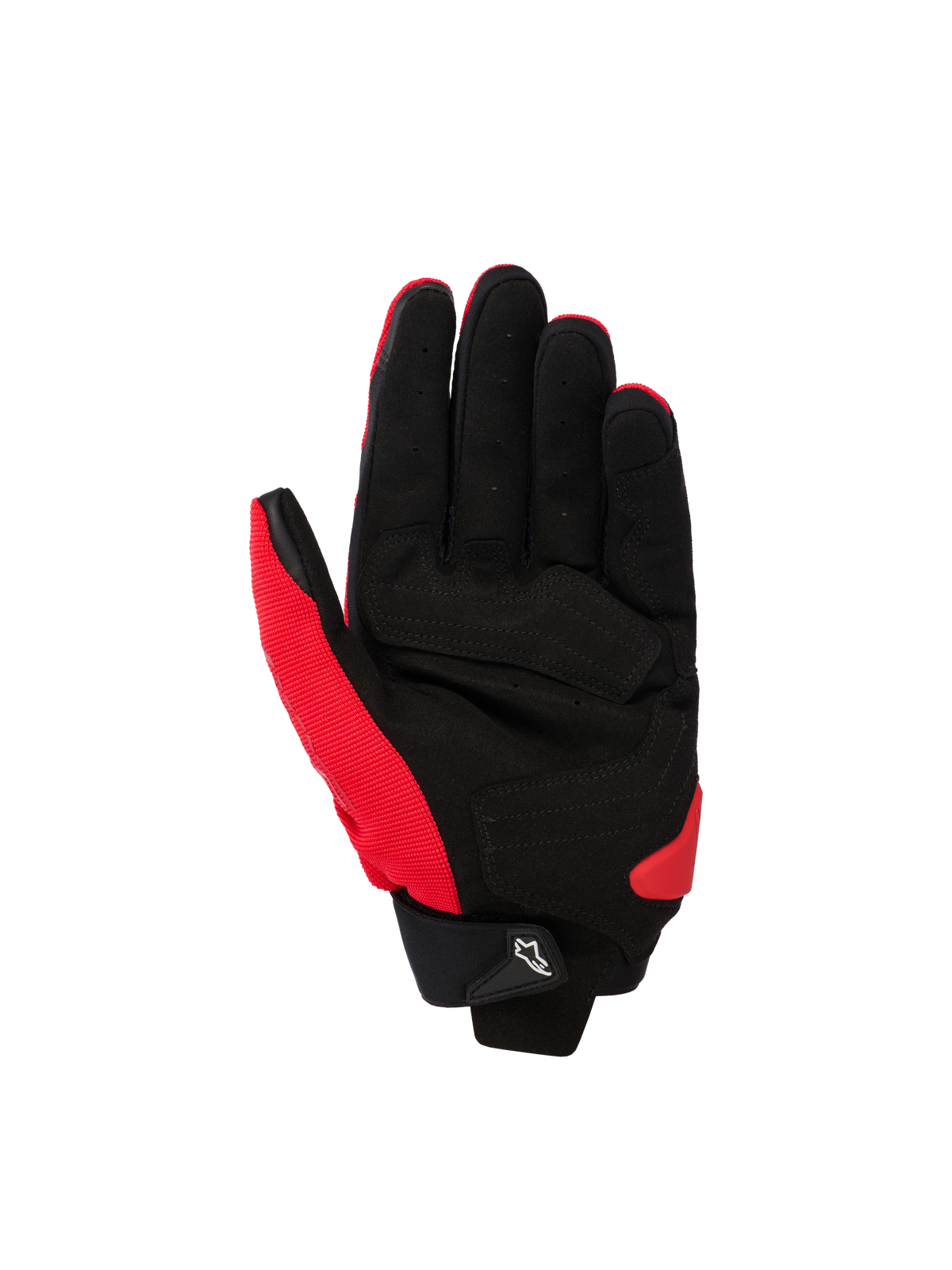 Alpinestars SP X 1 Gloves, Sport Motorcycle Gloves, Bright Red and Black, palm view showing synthetic leather palm with reinforced zones, red stretch fabric on the side and thumb, black cuff with a small white Astars logo pull tab, and red TPR palm slider