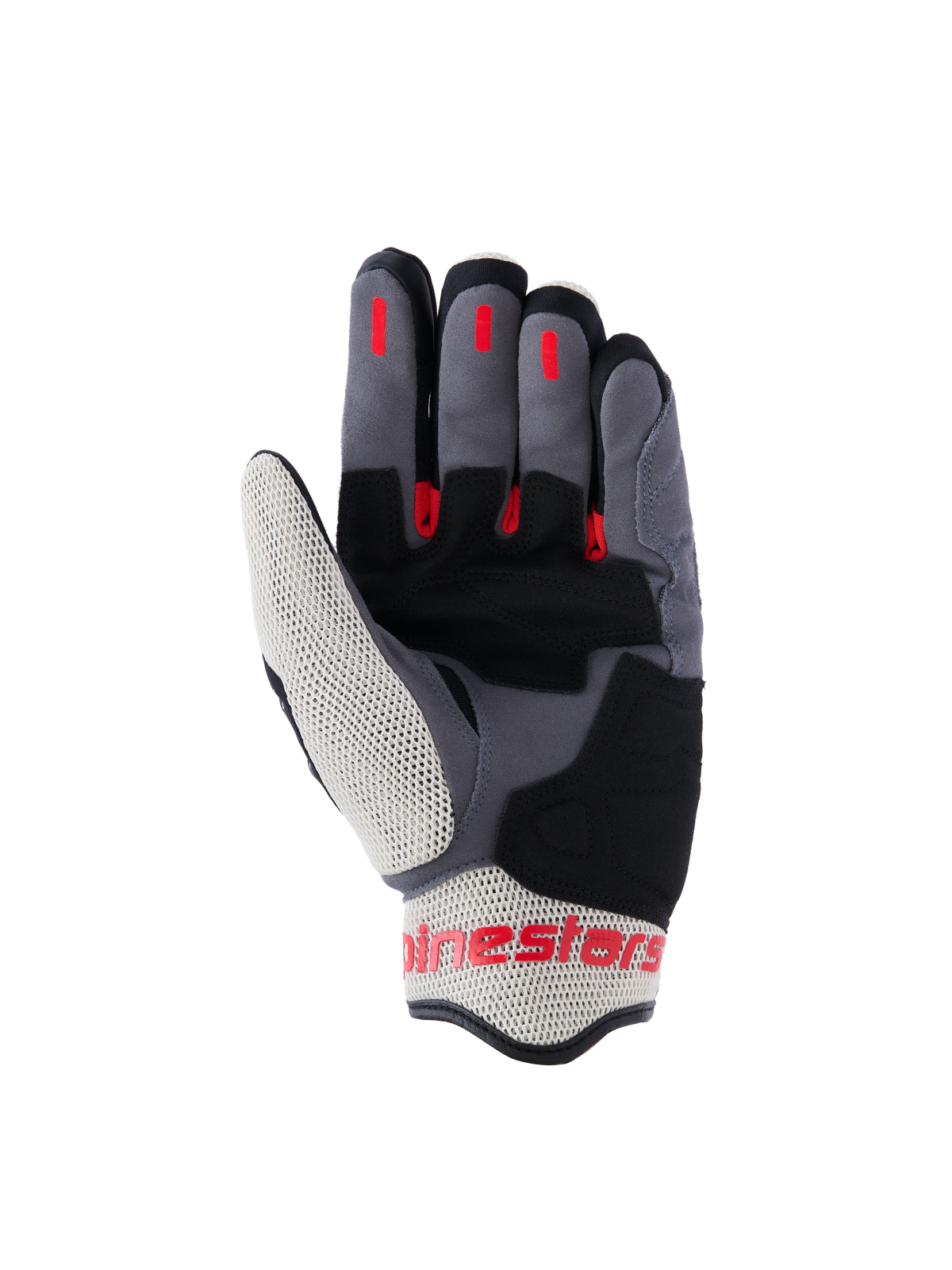 Alpinestars Mogress Airflow-handsker, urban motorcykelhandsker, Black Flame Red og Ecru, håndfladevisning med forstærkninger i syntetisk ruskind, røde silikone grip-indsatser på fingrene og åndbare mesh-paneler på tommelfingeren og manchetten.