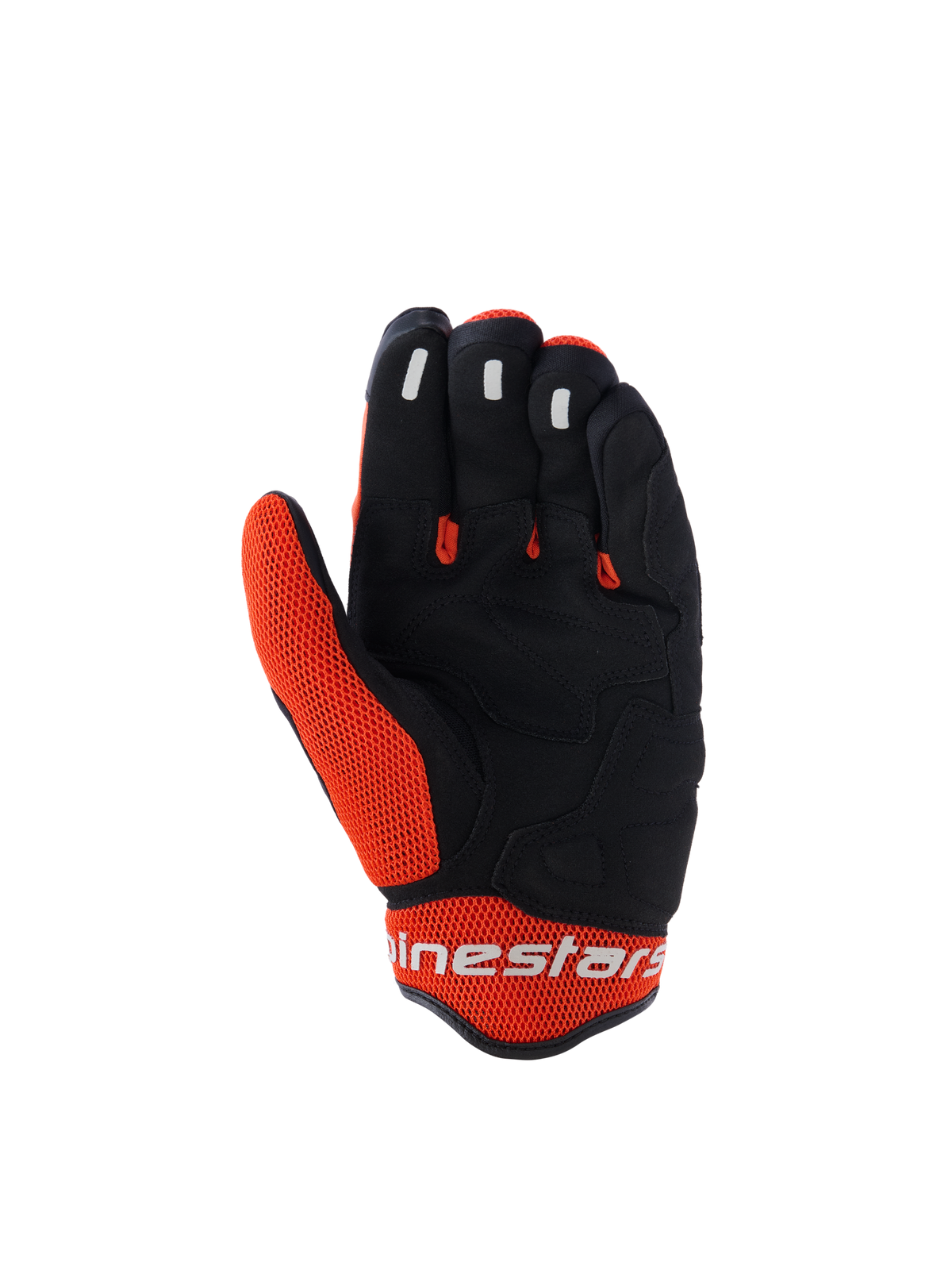 Alpinestars Mogress Airflow-handsker, motorcykelhandsker, sort og tangerine, håndfladevisning med sort syntetisk konstruktion og orange mesh-indsatser, silikone-greb på fingerspidserne, hvidt Alpinestars-logo på manchetten, urbant sommer-kørselsdesign