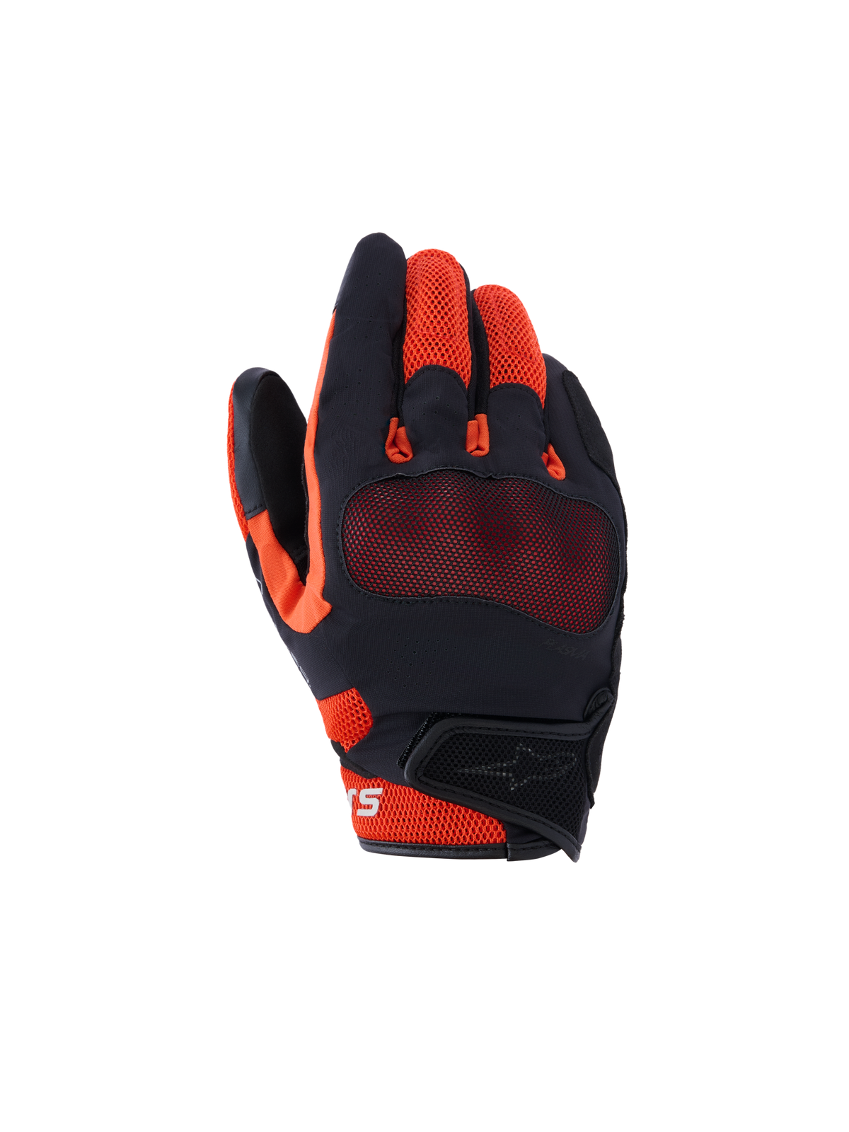 Alpinestars Mogress Airflow handsker, urban motorcykelhandsker, sort, rød og tangerine, med åndbar 3D-mesh-konstruktion, synlig knobeskyttelse og kort manchet med velcrolukning