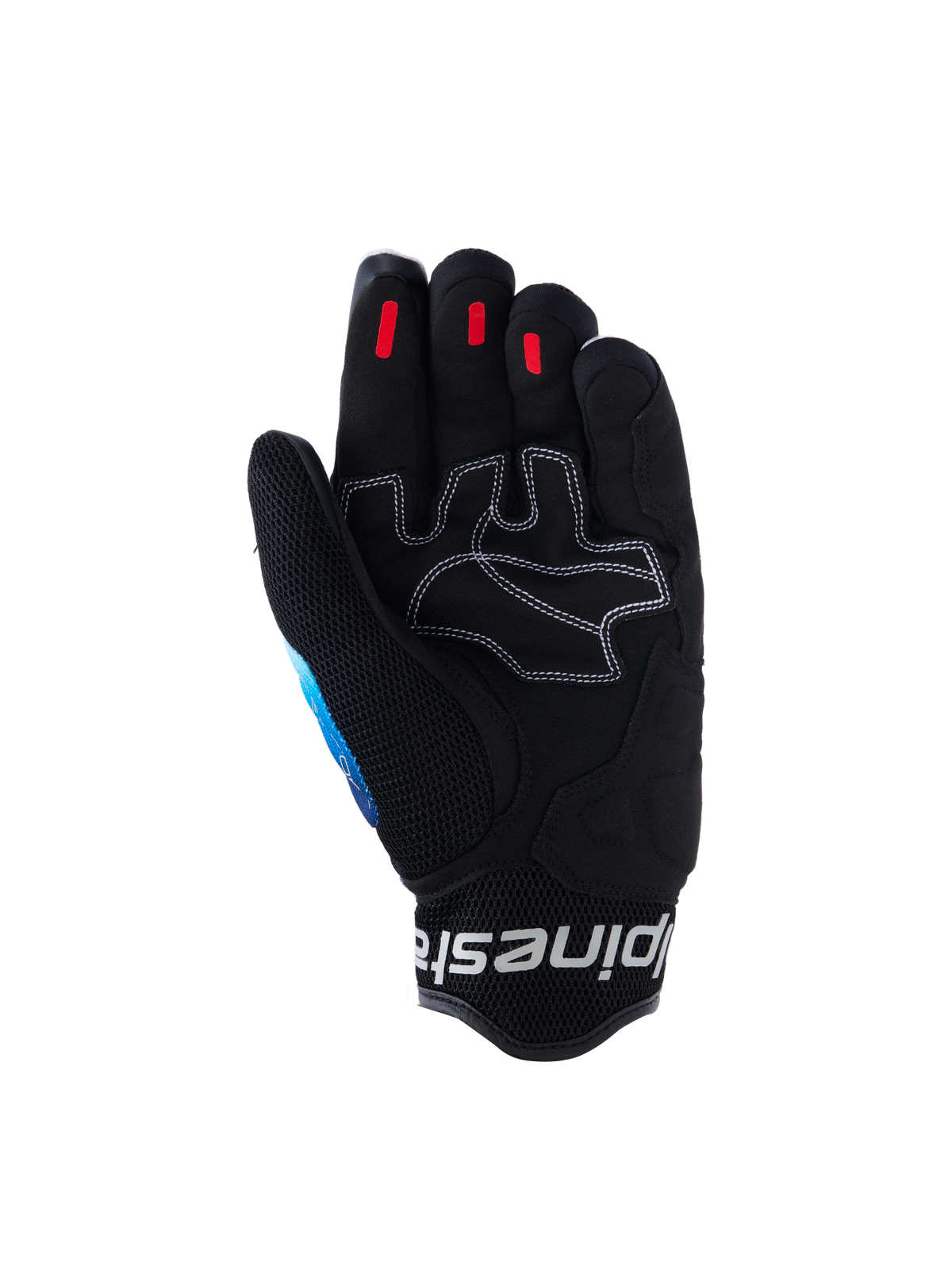 Alpinestars Mogress Airflow handsker, urban motorcykelhandsker, Fading Blue Black, håndfladevisning med forstærket syntetisk læder og hvide kontrastsyninger, røde silikone grip-indsatser på fingerspidserne, sort 3D mesh-manchet med hvidt logo-branding