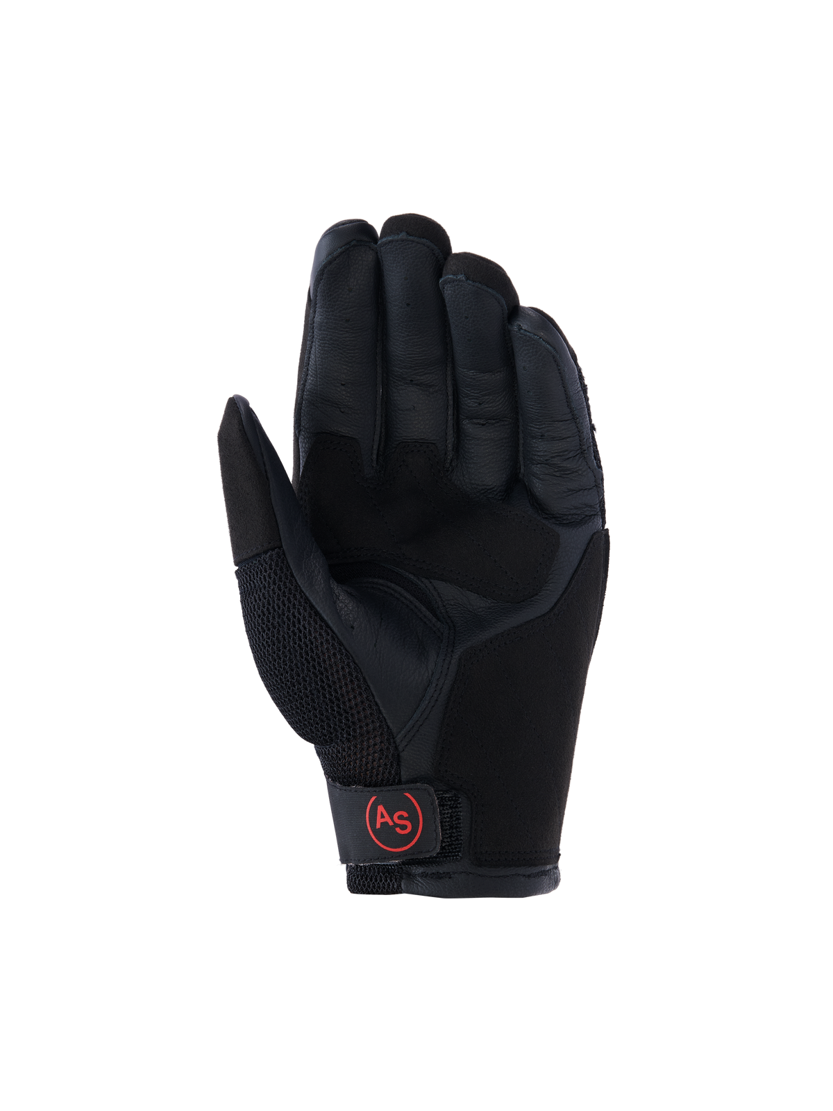 Alpinestars Manti Air handsker, adventure-motorcykelhandsker, sort, set fra håndfladen med forstærket læderhåndflade, åndbart mesh på tommelfingeren og rødt cirkulært 'AS'-logo på håndledslukningen