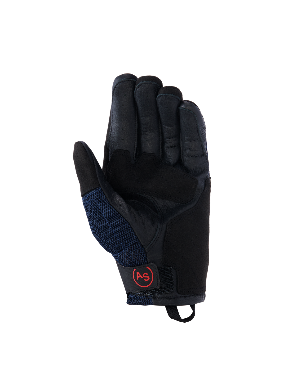 Alpinestars Manti Air handsker, motorcykelhandsker, mørkeblå og sort, læderhåndflade med perforerede fingre, mesh-sidepaneler og rødt cirkulært AS-logo på håndledsremmen, adventure-køreudstyr