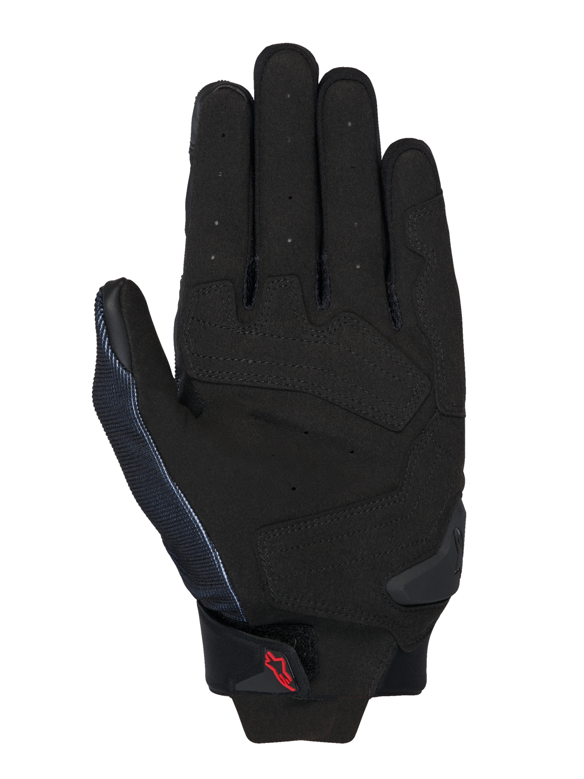 Alpinestars MM93 Spx 1 handsker, sort, set fra håndfladen, syntetisk læderkonstruktion med forstærkede slagzoner, perforerede fingre for ventilation, TPR-håndfladeslider og et lille rødt Alpinestars-logo på håndledsremmen.