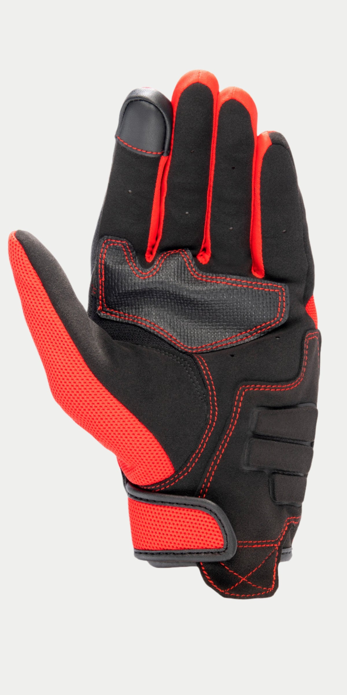 Alpinestars MM 93 Losail V2 handske, motorcykelhandske, sort og klar rød, håndfladevisning med syntetisk ruskindskonstruktion, forstærkede røde syninger, touchscreen-kompatibel fingerspids og åndbart rødt mesh på tommelfingeren og håndledsremmen.