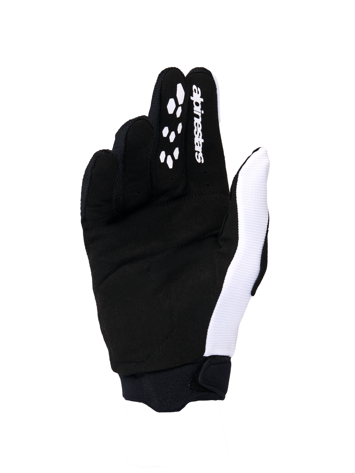 Alpinestars 2026 Woman Stella Full Bore V2 handsker, motocrosshandsker, hvid og sort håndfladevisning, syntetisk ruskindskonstruktion, silikonegreb på fingrene til kontrol af greb, hvidt logo, sikker neoprenmanchet
