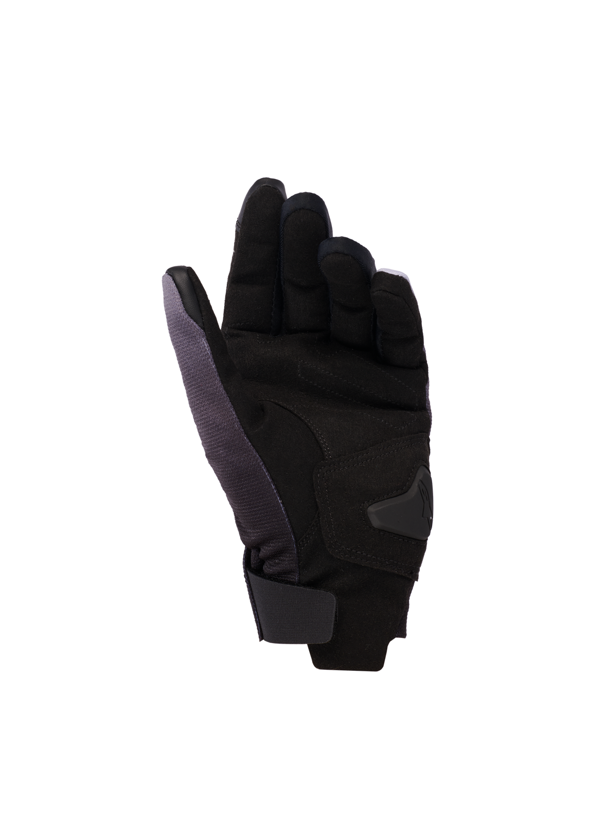 Alpinestars Reef v2-handsker til kvinder, motorcykelhandsker til damer, grå, sort og neonpink, set fra håndfladen med syntetisk ruskind og polstrede forstærkninger, kort manchet med krog-og-løkke-lukning og ledende læder på pegefinger og tommelfinger til touchscreen-funktionalitet