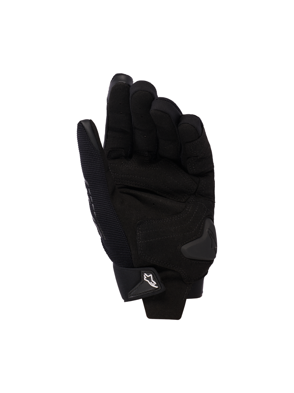 Alpinestars Stella SP X 3 Women's Motorcycle Gloves, Black, palm view featuring synthetic leather reinforcements, TPU palm slider, and adjustable wrist closure with white logo.