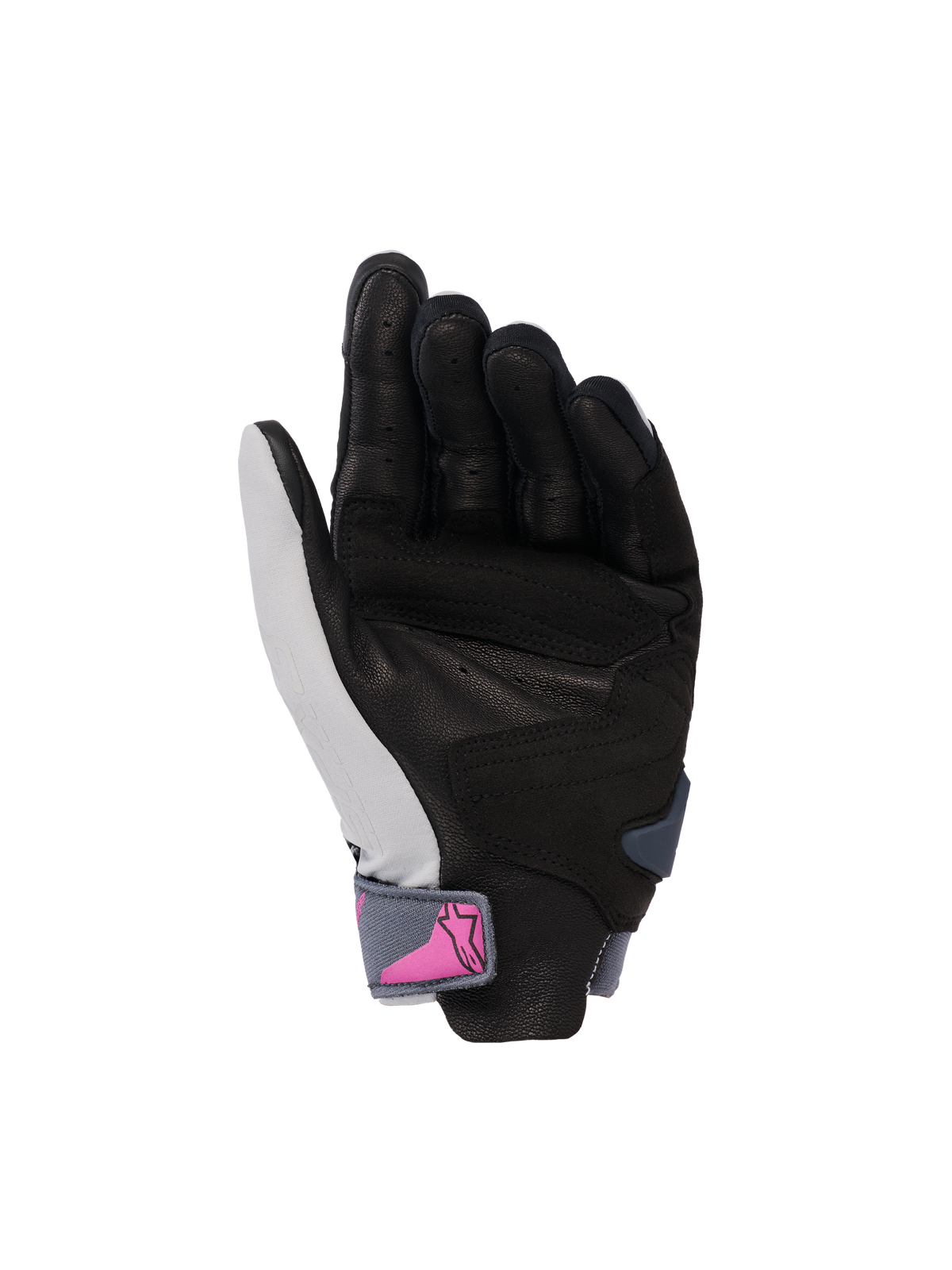 Alpinestars Stella SP X 3 Gloves, Women's Motorcycle Gloves, Palm View, Mid Gray Asphalt Black with pink logo on the wrist strap, perforated leather palm for grip and ventilation, sporty design for road riding