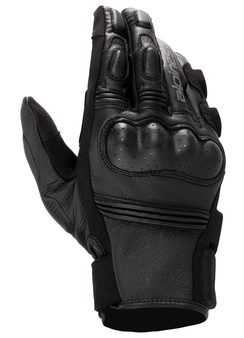 Alpinestars Stella Phenom Leather Air handske, motorcykelhandsker til damer, sort, set fra håndryggen med fokus på hård perforeret knobeskyttelse, polstrede fingerled og premium lædertekstur