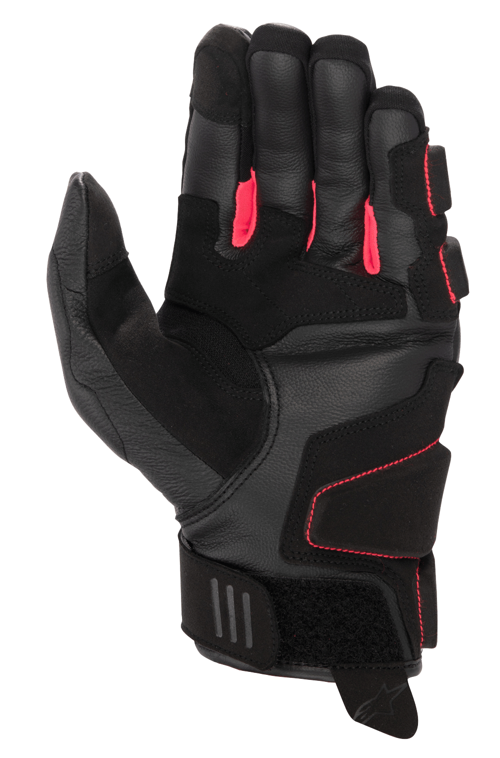 Alpinestars Stella Phenom Leather Air handsker til damer, motorcykelhandsker, sort og Diva Pink, set fra håndfladen med forstærket læderkonstruktion, skarpe lyserøde kiler mellem fingrene og kort manchet med justerbar velcrolukning