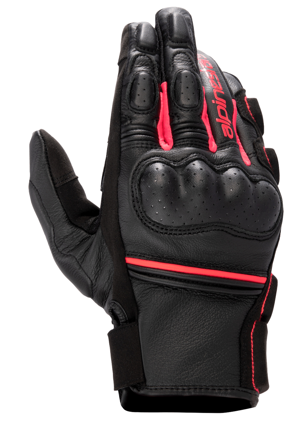 Alpinestars Stella Phenom Læder Air-handske, motorcykelhandske til damer, sort og Diva Pink, hård knobeskyttelse, perforeret læderkonstruktion, kort manchet med Alpinestars-branding, sportspræstations-køreudstyr