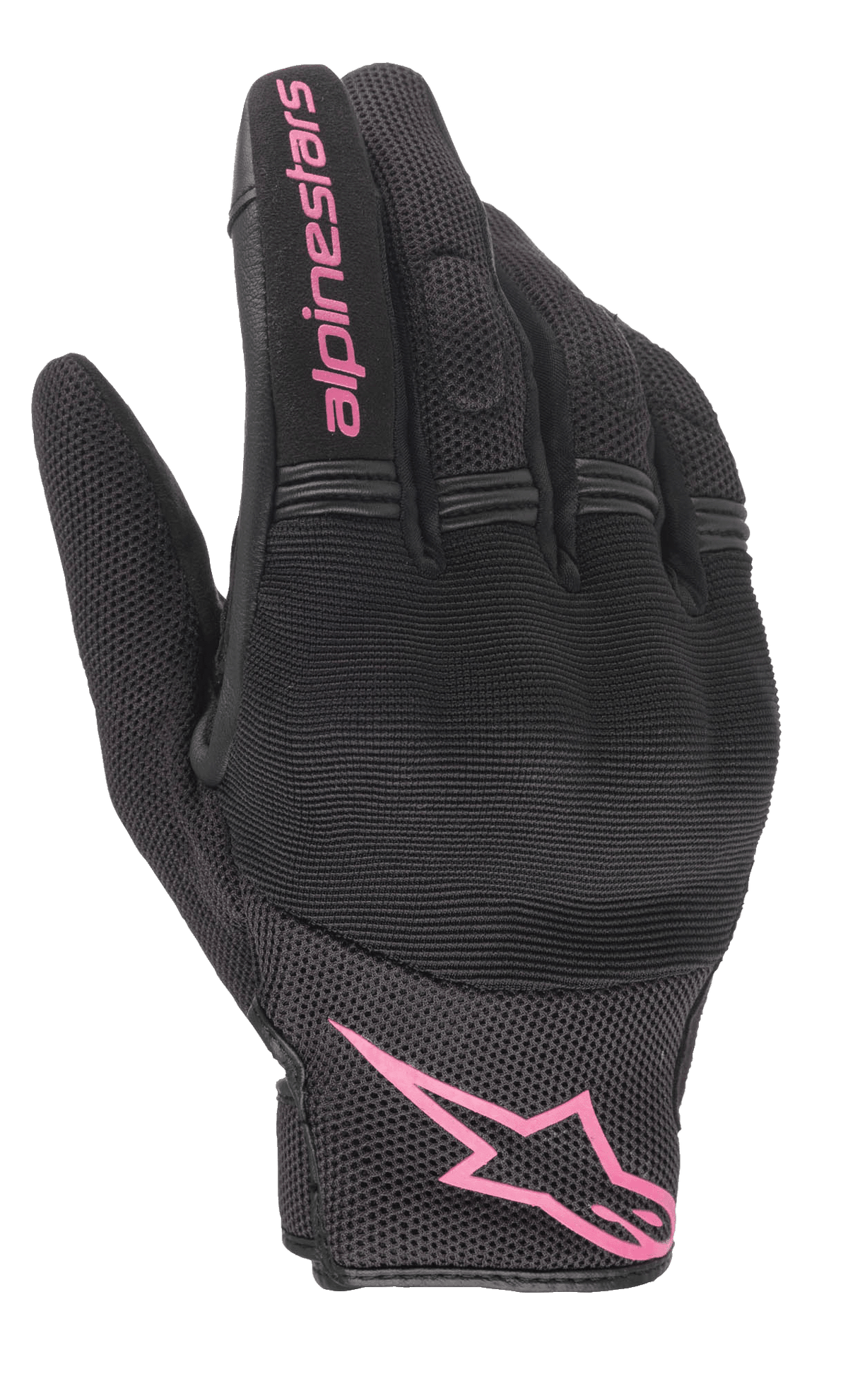 Alpinestars Stella Copper Gloves, Women's Motorcycle Gloves, Black and Fuchsia, pink Alpinestars logo on the wrist and text on the finger, mesh and textile design with padded knuckle area, urban commuting gear