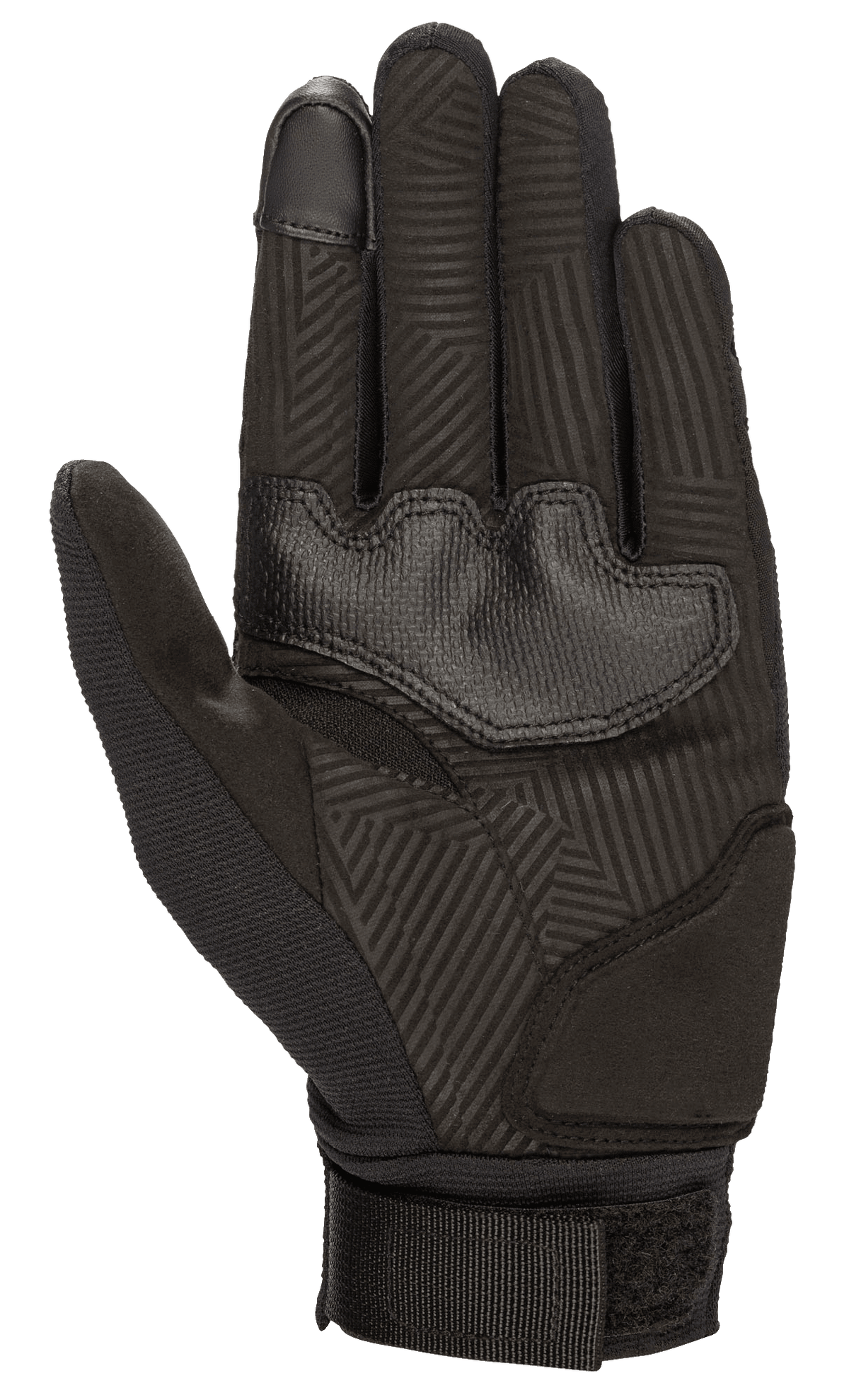 Alpinestars Women Stella Reef Gloves, Motorcycle Gloves, Black, palm side view featuring synthetic suede with geometric grip pattern, reinforced palm pads, and adjustable webbing wrist strap for urban riding comfort