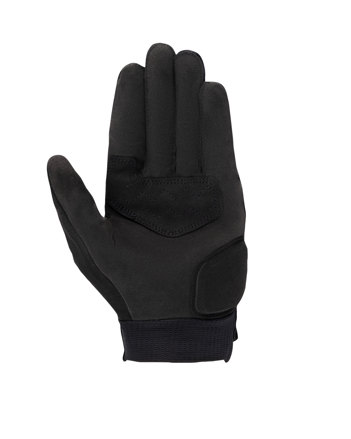 Alpinestars Stated damehandsker, sort, håndfladevisning der viser syntetisk ruskindsmateriale, forstærkede områder på håndflade og tommelfinger, touchscreen-kompatible fingerspidser og elastisk håndledsmanchet, urban motorcykeludstyr
