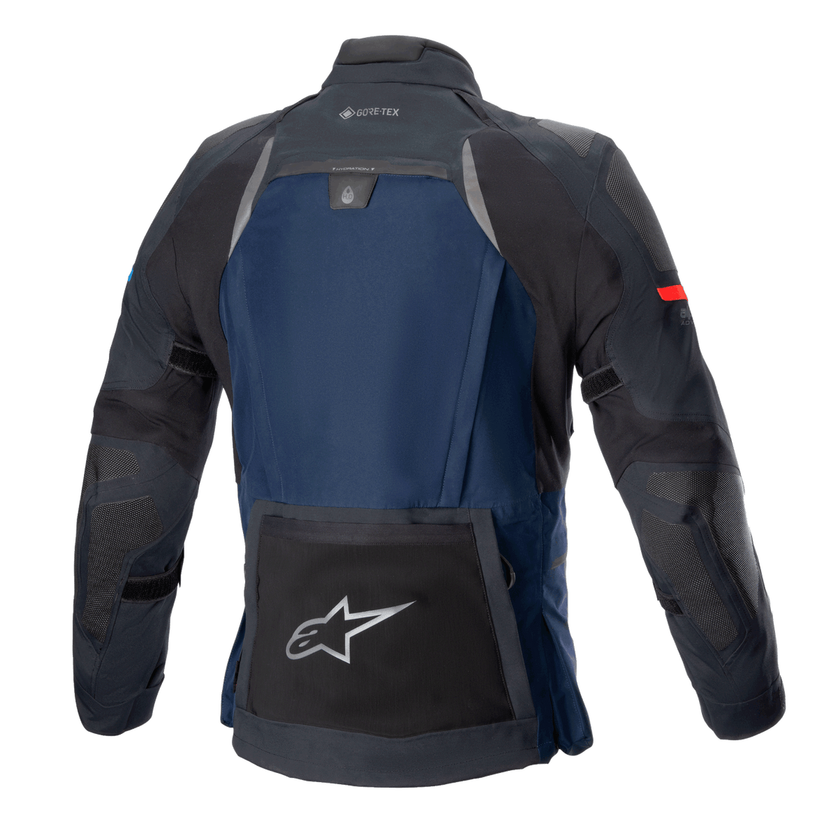 Alpinestars Boulder GORE-TEX jakke, teknisk touring-motorcykeljakke, mørkeblå og sort, set bagfra med en stor baglomme med sølvfarvet stjernelogo, hydreringsrum og GORE-TEX-branding på kraven.