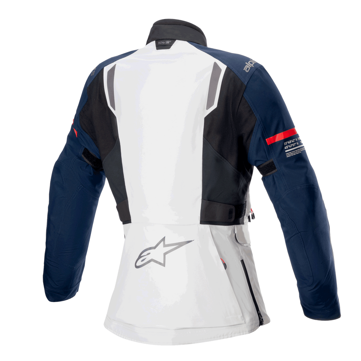 Alpinestars Stella ST-7 2L GORE-TEX damejakke, set bagfra, Ice Gray, mørkeblå og sort, med rød stribe på ærmet og Alpinestars-logo, adventure touring-motorcykeludstyr