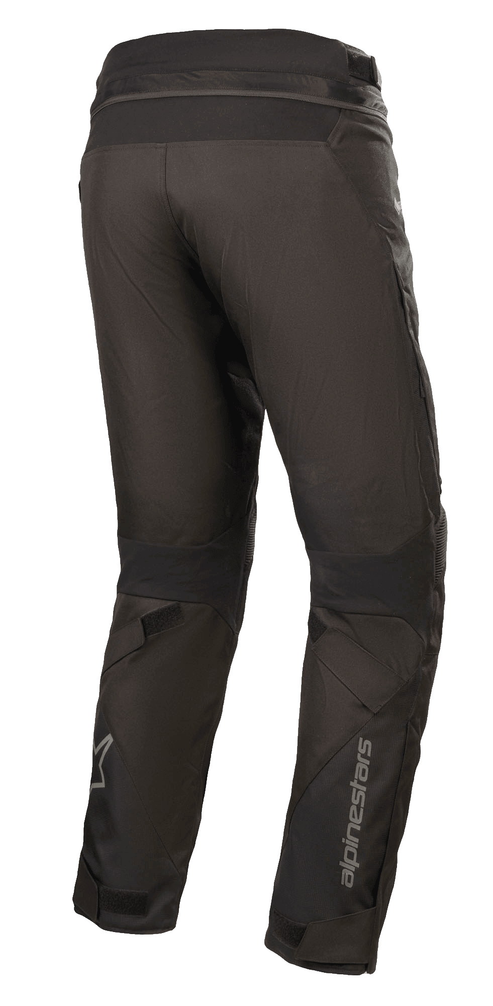 Alpinestars Road Pro GORE-TEX bukser, sorte motorcykelbukser, set bagfra med smal touring-pasform, teknisk tekstilkonstruktion, Alpinestars-branding på underbenet, harmonika-strækpaneler og justerbare stropper til adventure touring