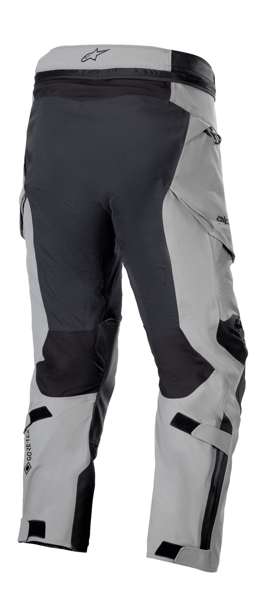 Alpinestars Boulder 3L GORE-TEX bukser, kort længde, mørkegrå og sort, bagfra der fremhæver forstærkede paneler, GORE-TEX-logo, justeringsstropper og motocross-afledt ergonomisk design