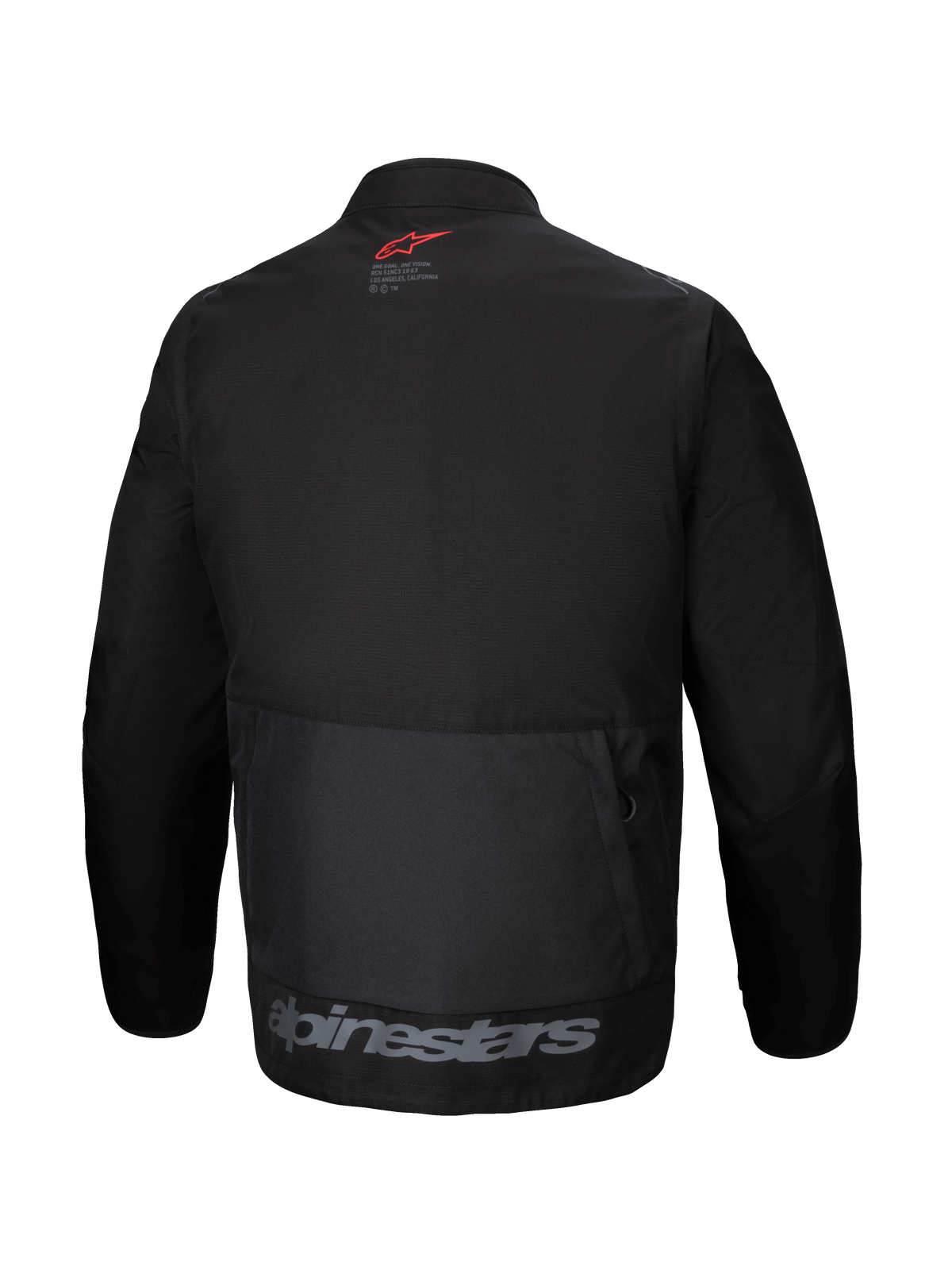 Alpinestars Pro-Dura jakke, set bagfra, sort tekstil endurojakke, stor baglomme, rødt stjernelogo i nakken, gråt Alpinestars-logo på nederste kant, robust off-road design