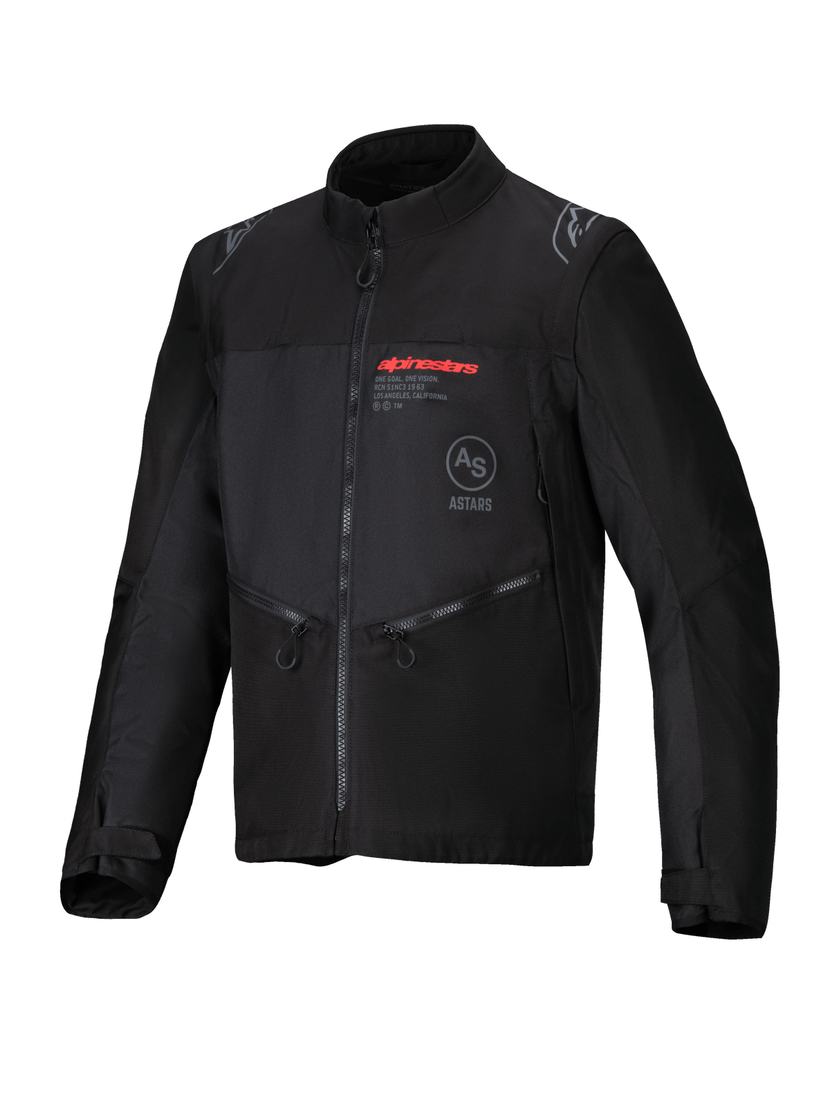 Alpinestars Pro-Dura jakke, sort, off-road motorcykeljakke i slidstærkt ripstop-tekstil, rødt Alpinestars-logo på brystet, skrå lynlåslommer, stjernelogo-detaljer på skuldrene