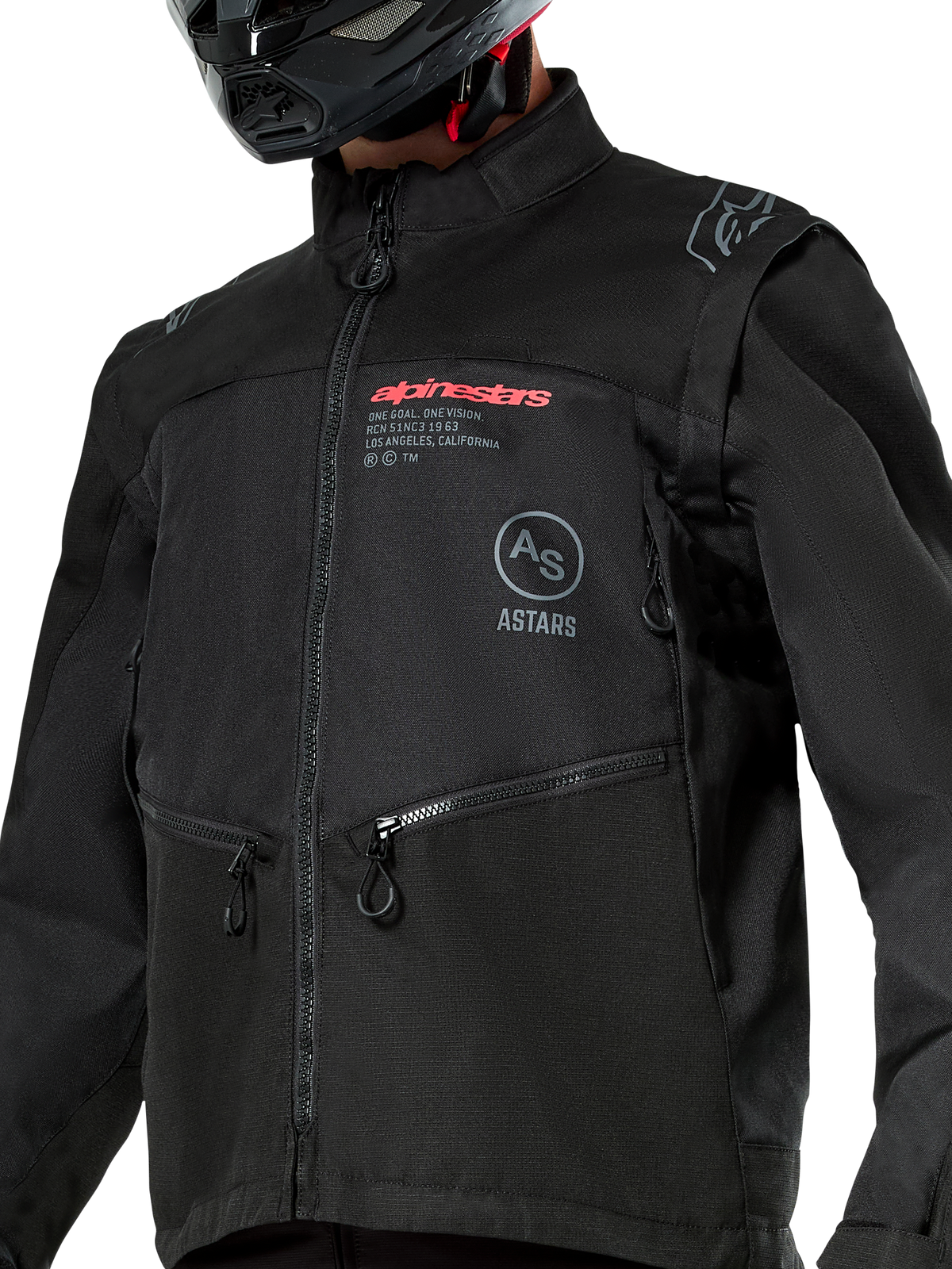 Alpinestars Pro-Dura-jakke, sort off-road motorcykeljakke med rødt Alpinestars-branding og et gråt cirkulært Astars-logo på brystet, lynlåslommer, holdbar ripstop-tekstilkonstruktion, rally-inspireret design til enduro-kørsel.